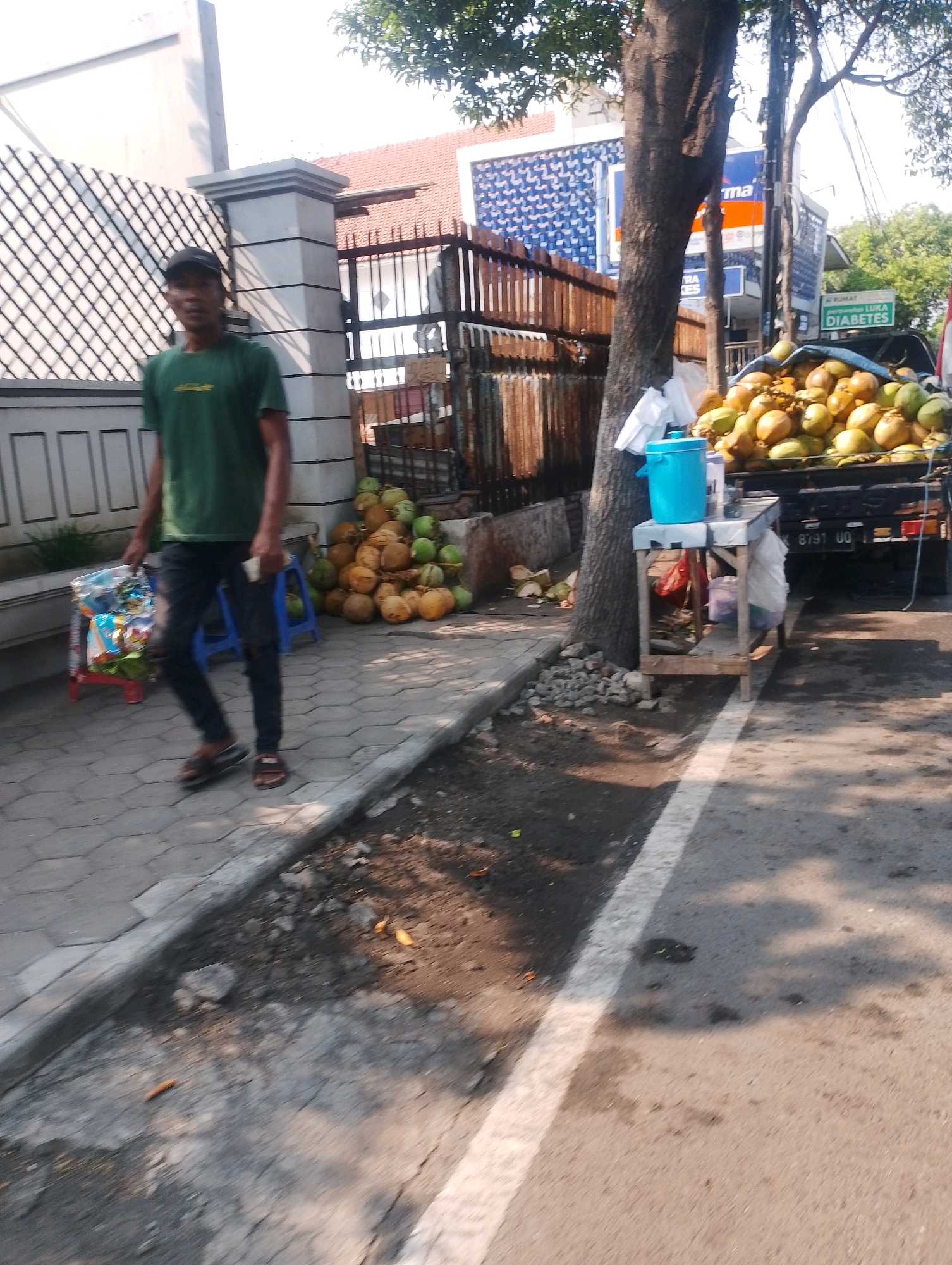 A man in a green t-shirt and black pants walks on a paved sidewalk next to a street. He is carrying a shopping bag in his left hand and a white cup in his right hand. To his right, there is a pile of coconuts on a truck bed. A small table with a blue cooler and some bags is placed next to a tree. The background shows a building with a tiled roof and some fencing. The scene appears to be a street market or roadside stall in Probolinggo, Indonesia, likely on a sunny day.