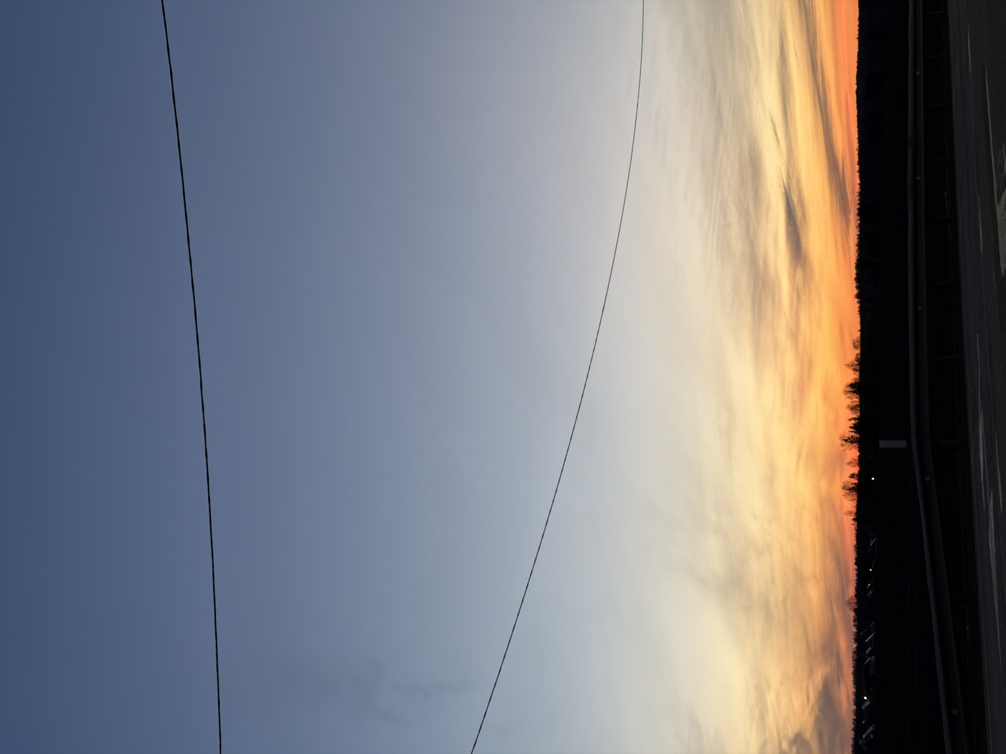 The image is an upward-angled landscape shot of the sky, likely taken near Kuregovo, Russia. Two power lines diagonally traverse the left side of the frame. The sky transitions from a deep blue on the left to a sunset of orange and yellow hues on the right. A dark silhouette of trees and possibly buildings sits along the right edge, alongside a road or barrier. The photo appears to be taken on or near a road with roadside barrier.