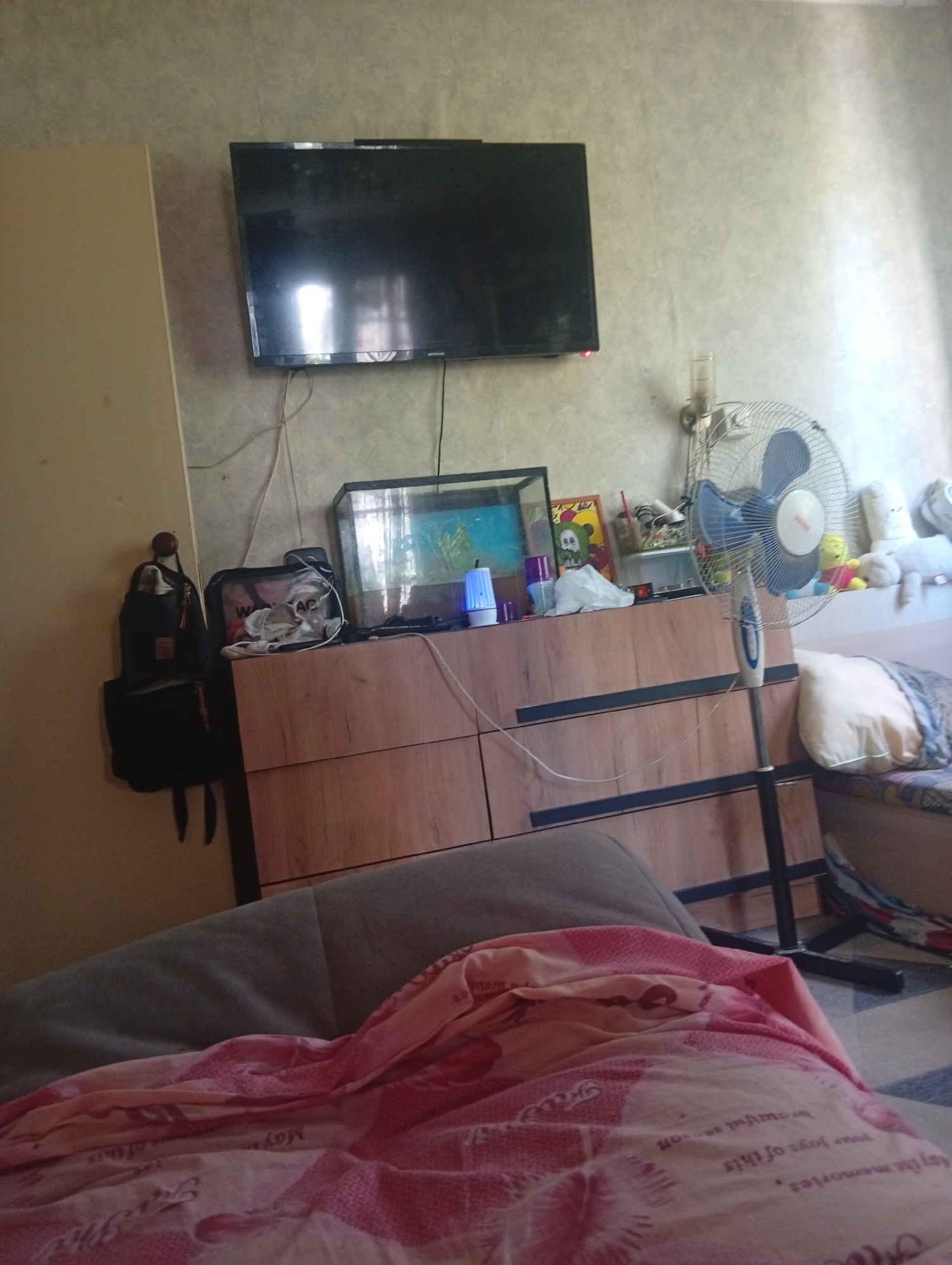 A wide-angle, eye-level shot captures a room, likely a bedroom, in Pushkino, Russia. The scene is dominated by a wooden dresser with a black top, upon which sits a small aquarium with a blue light and a framed picture with a green figure. To the right of the dresser, a white pedestal fan is positioned. A black backpack hangs on a hook to the left of the dresser. Above the dresser, a large flat-screen television is mounted on the wall. In the foreground, a gray sofa is draped with a pink and white patterned blanket. The walls are textured, and light streams in from the right side of the frame, illuminating the room. No people are present.