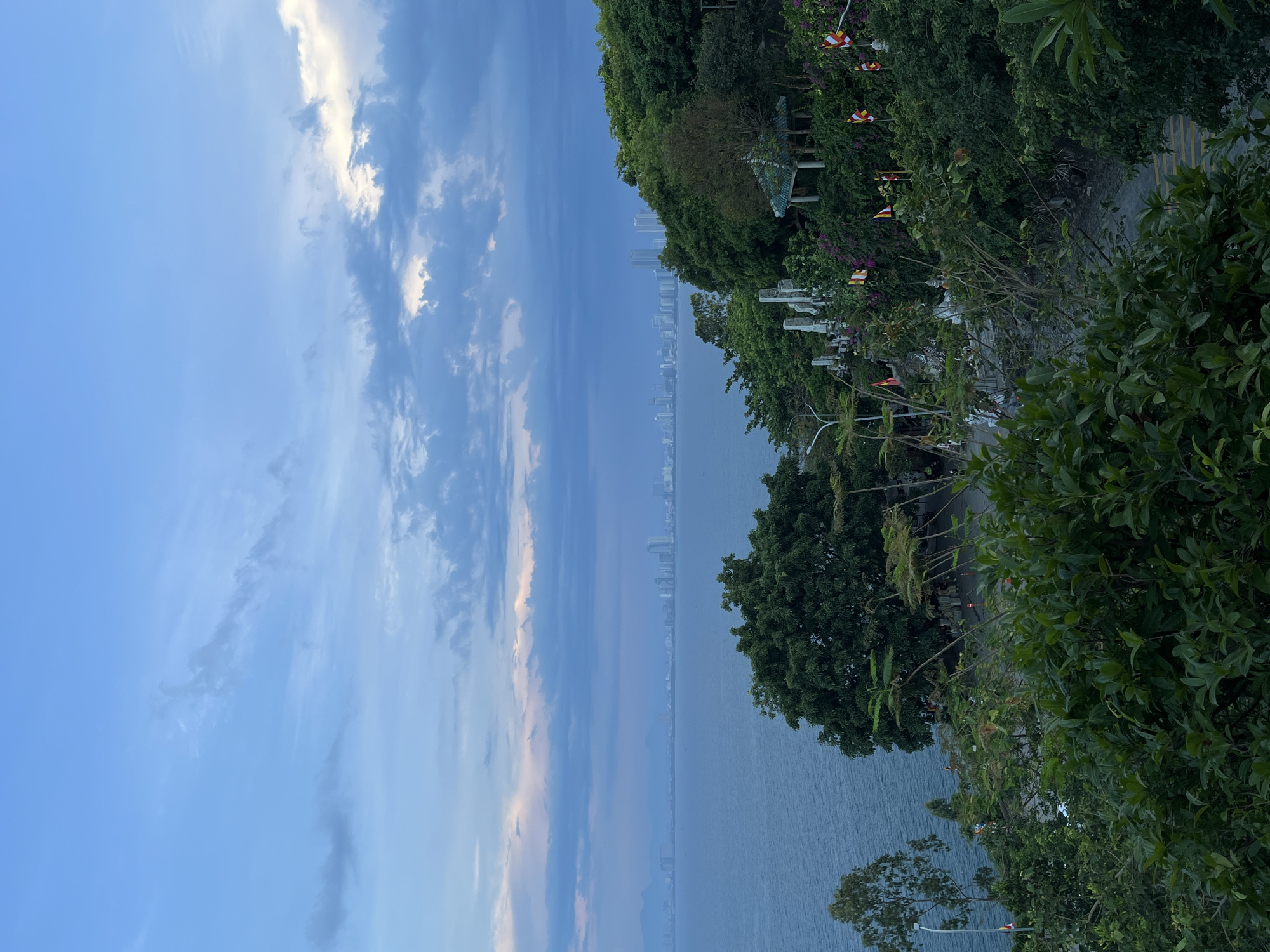 The image shows a coastal view from a high vantage point, likely in Đà Nẵng, Vietnam. The scene consists of a blue sky with scattered clouds, a body of water reflecting the sky, and a tree-covered coastline. Buildings, possibly part of the Đà Nẵng skyline, are faintly visible in the distance across the water. The foreground is characterized by lush vegetation, including trees, shrubs, and possibly some architectural elements like a pavilion or a building.