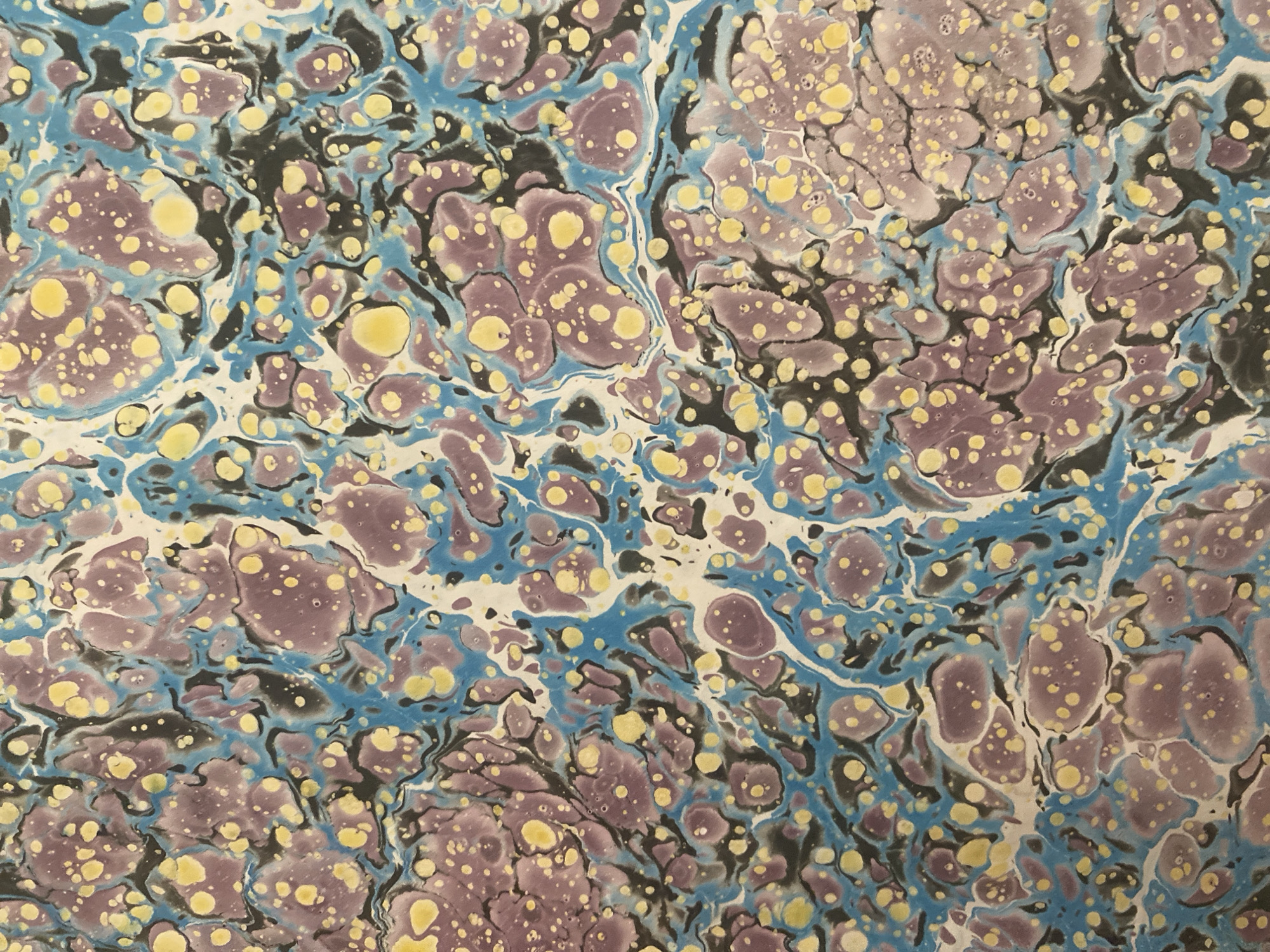 The image is a close-up, overhead shot of marbled paper. The pattern features irregular, amorphous shapes in shades of muted purple, interspersed with vibrant yellow dots. These shapes are outlined by thin, flowing lines of bright blue and black, with some areas of white visible as negative space. The texture of the paper appears to have a slightly uneven surface, contributing to the organic feel of the marbled design. There is no discernible location in Budva, Montenegro depicted in this image.