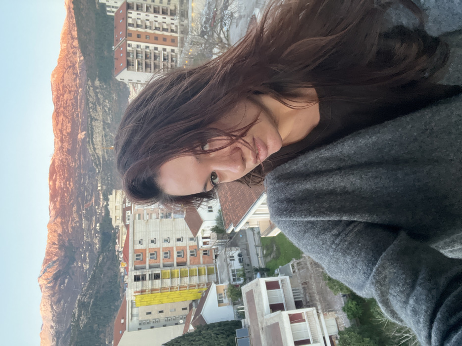 An outdoor image, captured from an elevated perspective in Budva, Montenegro, features a female subject in the foreground positioned against a city and mountain backdrop. The subject, an adult female with dark brown hair partially obscuring her face, is depicted from the chest up, wearing a dark grey open cardigan over a dark-colored top. She gazes directly at the camera with a neutral expression, her lips slightly parted.
The background shows a residential area of Budva. Multiple multi-story buildings of varying architectural styles are visible, many featuring red-tiled roofs. A prominent building in the mid-ground is under construction, evidenced by yellow insulation panels on its exterior facade. Greenery, including trees and shrubs, is interspersed throughout the urban landscape.
In the far background, a large mountain range stretches across the horizon. Its peaks are illuminated with a warm, reddish hue by the low-angle sunlight, and distinct patches of snow are visible on the higher elevations. The sky above is clear and light blue. No other individuals are present in the frame. The lighting conditions suggest either sunrise or sunset, indicative of a colder season.