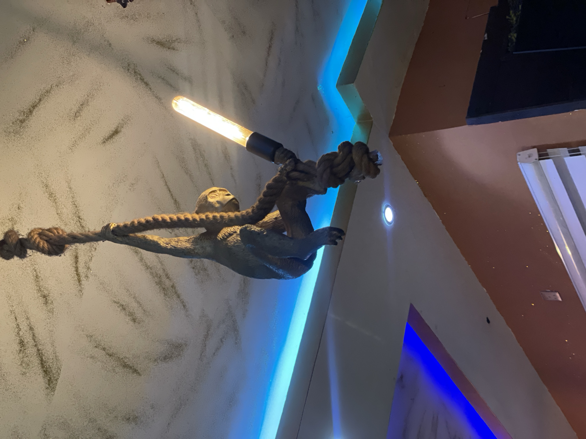 The image displays an indoor setting featuring a decorative monkey-like figurine suspended from the ceiling. The figurine, appearing to be made of a light-colored, possibly resin or plaster material, is in a dynamic pose, hanging from a thick, braided rope. It holds a long, tubular light bulb that emits a bright, warm yellow-orange light.
The ceiling, a light grey or beige, exhibits swirling, darker grey or greenish patterns, suggestive of a textured finish. Adjacent to this, the ceiling and wall junctions are highlighted by vibrant blue LED strip lighting, which accentuates the geometric lines of the architecture. Small, circular white downlights are also visible, contributing to the ambient lighting.
The walls are segmented, with one section in a similar light grey/beige tone as the ceiling, and another in a warm, earthy brown or orange. A section of white vertical blinds or curtains is partially visible on the right side of the frame, along with a dark, flat surface in the upper right.
The scene depicts an interior space, likely a commercial establishment such as a restaurant or bar, given the thematic decor and varied lighting. The prominent artificial light sources suggest it is either nighttime or a dimly lit interior. There is no activity taking place, as it's a static display. No visible text is present in the image. While the location context of Obosi, Nigeria, is provided, no specific visual cues within the image itself confirm this geographical detail.