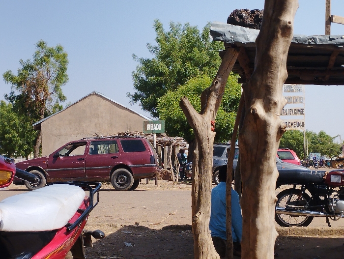 A red station wagon is parked on a dirt road in front of a building with a sign reading "RIBADU." Two large trees are on the right side of the frame. A man wearing a blue shirt is sitting next to the trees. There are a few other vehicles visible, including a white pickup truck. The scene is in Tongo, Nigeria, with the coordinates 10.664 latitude and 11.364 longitude. The area has a dirt road, buildings, and trees.