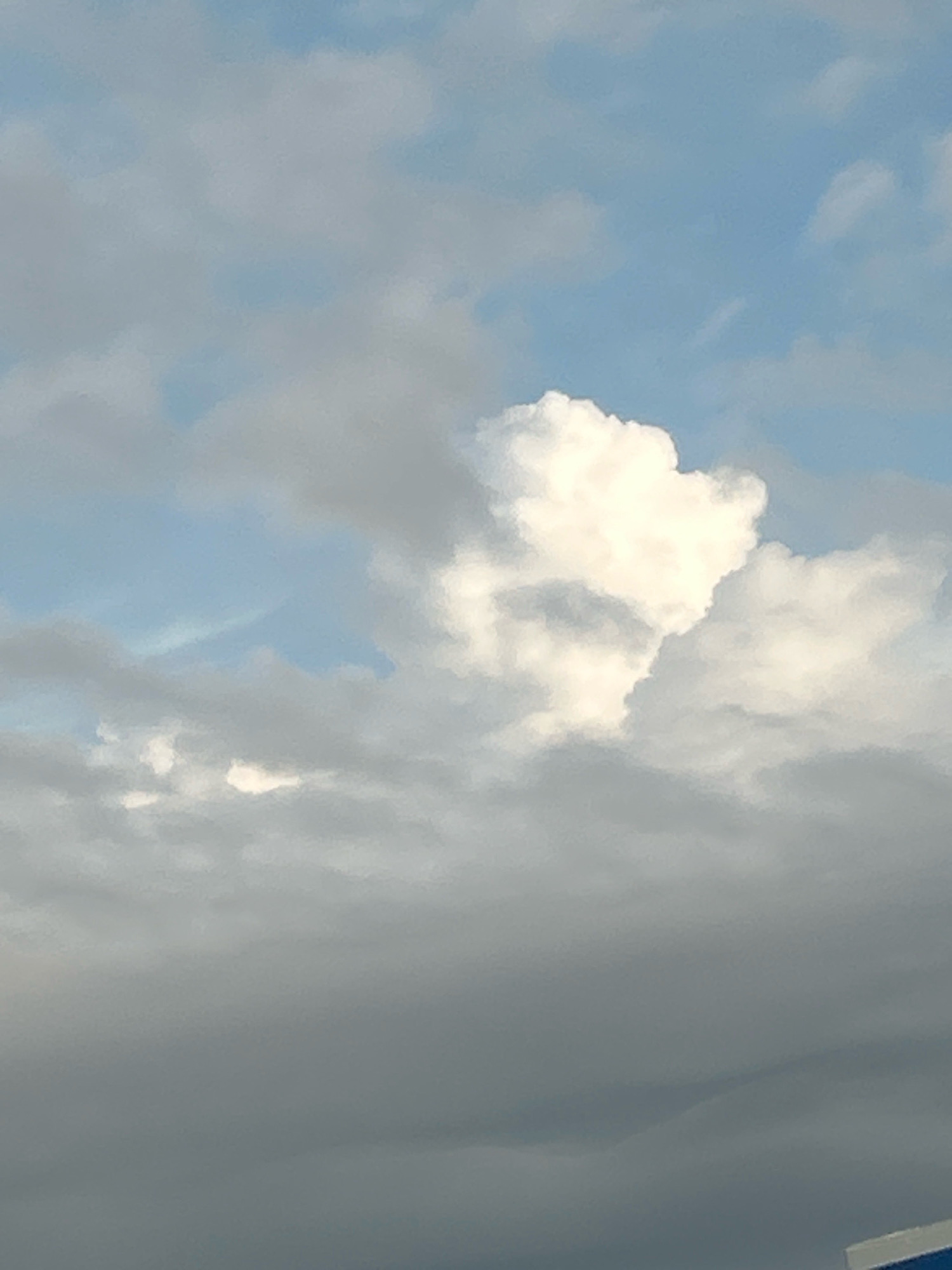 This is a photograph of a cloudy sky taken from Robinson Township, United States of America. The image features a prominent, fluffy white cloud in the upper center, set against a backdrop of pale blue sky and interspersed with lighter gray and darker gray clouds. The lower portion of the image is dominated by a dense, dark gray cloud layer.