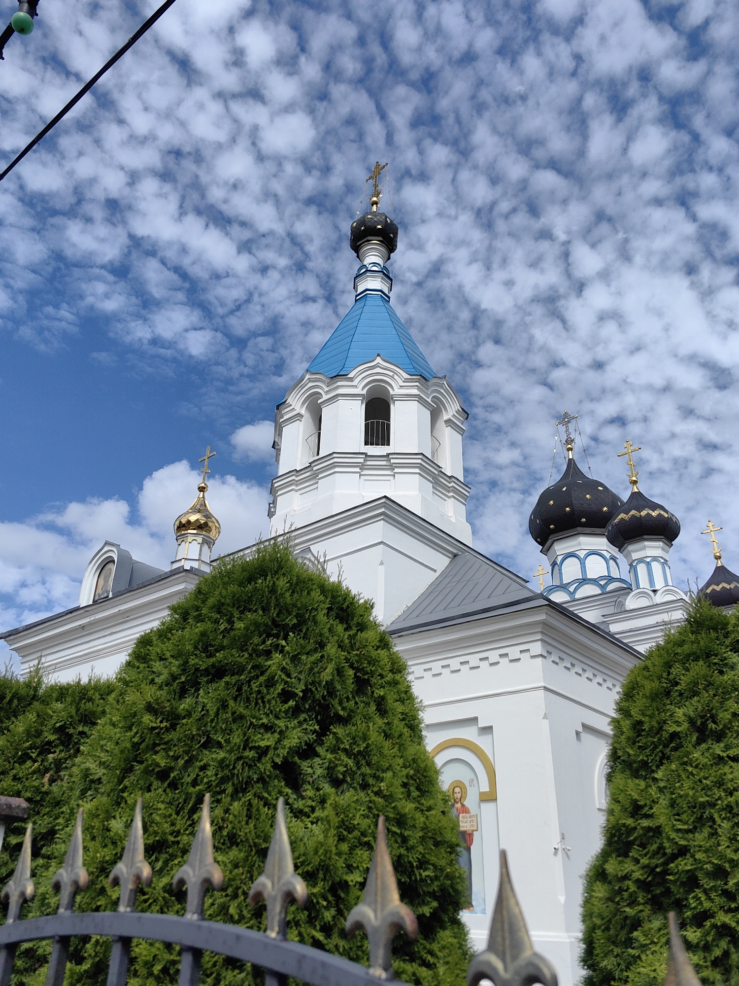 The image shows the exterior of the Holy Trinity Church in Pastavy, Belarus. The church is white with a prominent blue dome and several black domes topped with crosses. Green cypress trees are in the foreground, partially obscuring the view of the church. A dark metal fence with ornate finials is in front of the trees. The sky is blue with scattered white clouds.