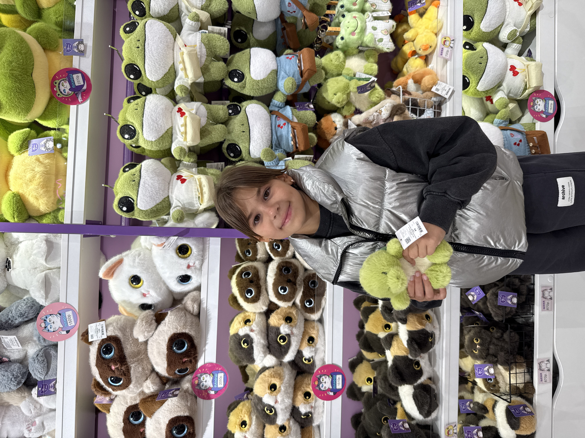 A young girl with dark hair and a light complexion stands in a store aisle filled with stuffed animals. She is wearing a silver puffer vest over a dark long-sleeved shirt and dark pants. She is holding a small green stuffed frog in her right hand. The store shelves are stocked with various plush toys, including cats, frogs, and other animals. The background shows shelves filled with stuffed animals of different sizes and colors. A tag on the girl's vest and on the stuffed frog she is holding are visible. There are price tags visible on some of the shelves. The store appears to be a retail environment. The presence of a tag with Cyrillic text, specifically "ЦЕНА" (Tsená), which translates to "PRICE", and a price in rubles (e.g., "870p"), along with the overall visual style, suggests the location is a store in Russia. Given the specific price denominations and style of tags, this store is likely located in Yaroslavl, Russia.