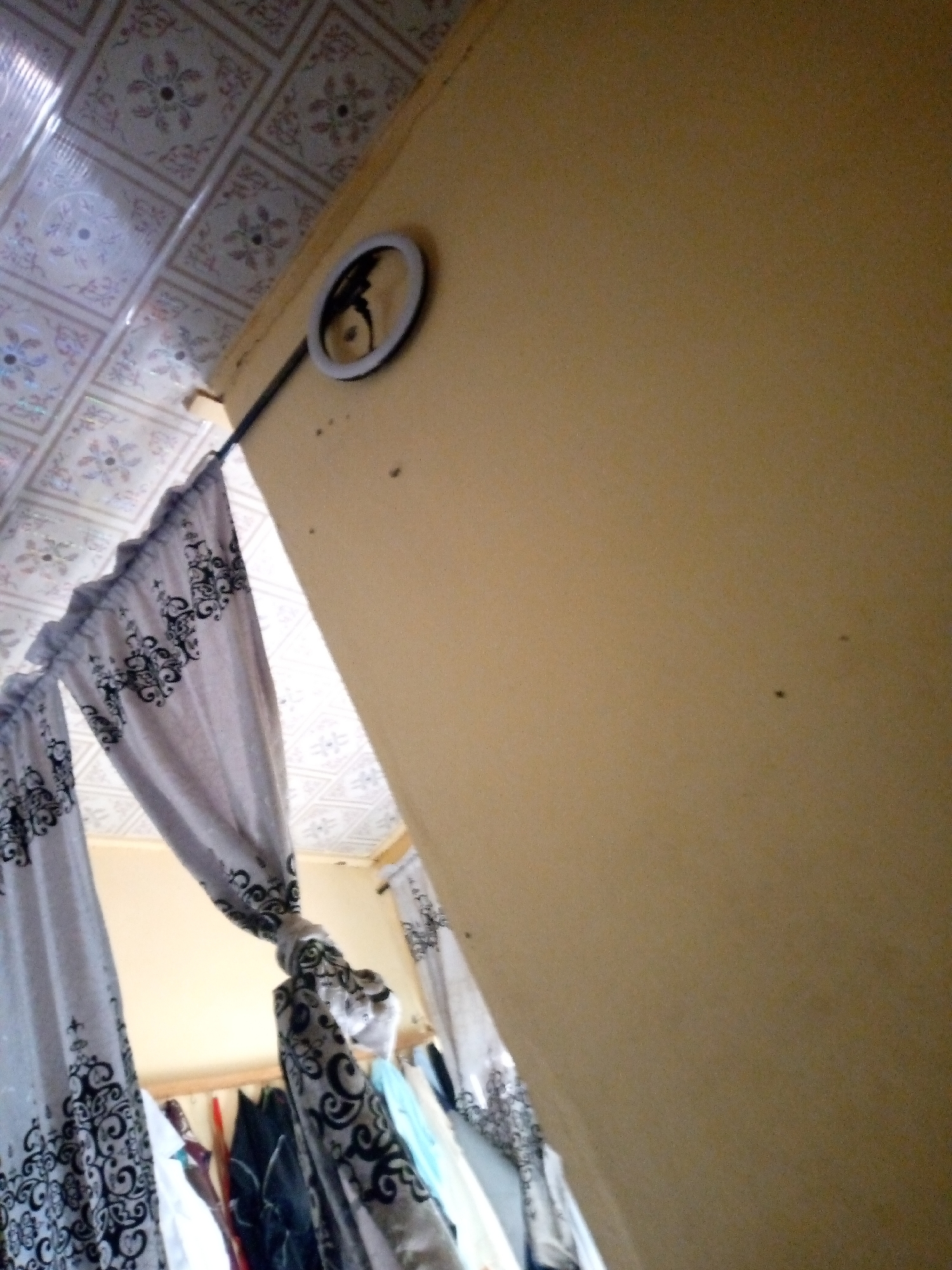 The image shows an interior view of a room, likely a bedroom or closet area, with a focus on a ring light mounted on a pole and attached to the wall. The ring light is circular with a dark interior, and it is emitting a bright light. A thin black pole extends from the light down and to the left. The wall behind the light is painted a plain yellow color. Above the wall, a patterned ceiling is visible, with square tiles each containing a floral design in pink and gray. To the left of the wall, gray curtains with a black swirling pattern are hanging. These curtains are tied back in some areas, revealing clothes hanging on a rack behind them. The clothes are varied in color and style. The overall impression is of a functional space, possibly set up for recording or photography, given the presence of the ring light.
