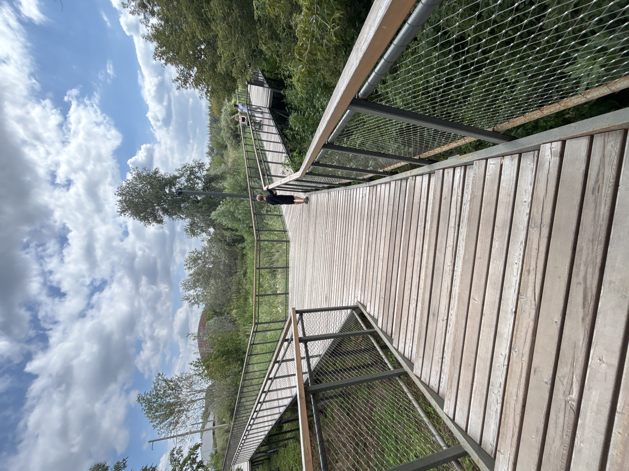 This is a photograph taken at the Orenburg Nature Reserve, specifically at a modern wooden boardwalk designed to traverse the natural landscape. The boardwalk features a central pathway that splits into two diverging ramps, both equipped with metal railings and wire mesh safety barriers. The wooden planks of the boardwalk are laid horizontally, showing a natural, slightly weathered texture.
In the foreground, a young boy wearing a black t-shirt and shorts walks away from the camera on the main path. Further along the boardwalk, on one of the diverging ramps, two adult figures are visible. One individual, wearing a white top, pushes a stroller, while the other, in dark clothing, walks alongside.
The surrounding environment is lush and green, with dense foliage and trees creating a natural backdrop. The sky above is partly cloudy, with a mix of white cumulus clouds against a bright blue sky. The overall impression is one of a well-maintained outdoor recreational area within a natural setting.