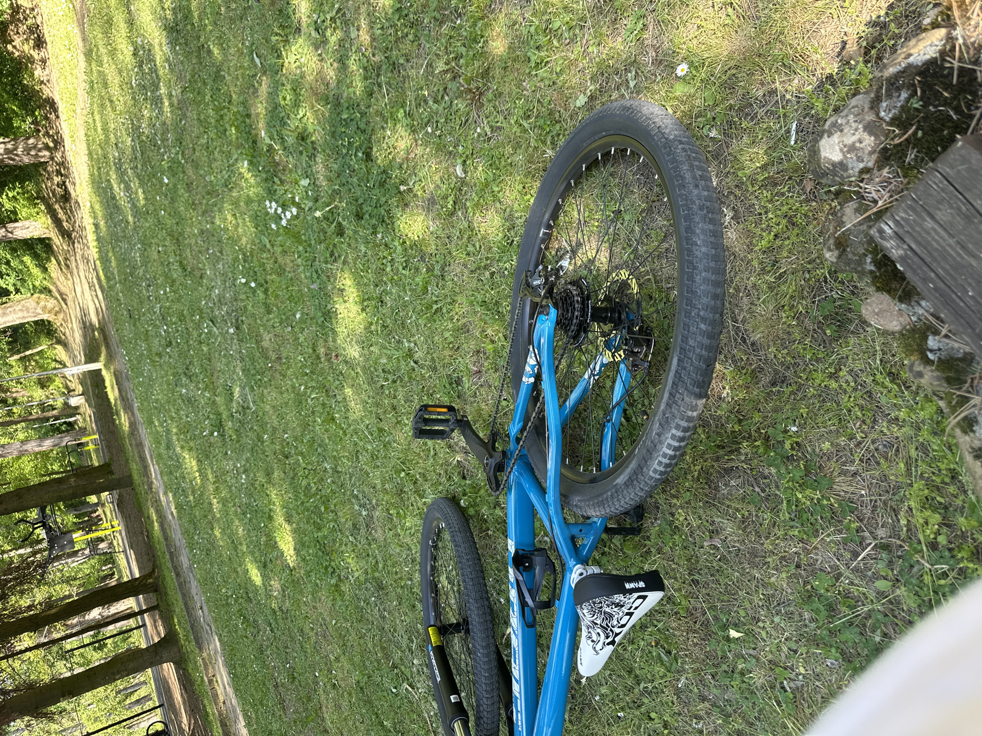 The image shows a blue mountain bike lying on its side on a grassy lawn. The front wheel is visible in the lower left, and the rear wheel is near the top right of the frame. The bike has a black pedal and a white seat with a black and white pattern. The lawn is green with some small white flowers scattered throughout. A tree line is visible on the left side of the image, and a wooden structure is partially visible on the right side, suggesting a bench or a small platform.
The location is the city of Lovech, Bulgaria.