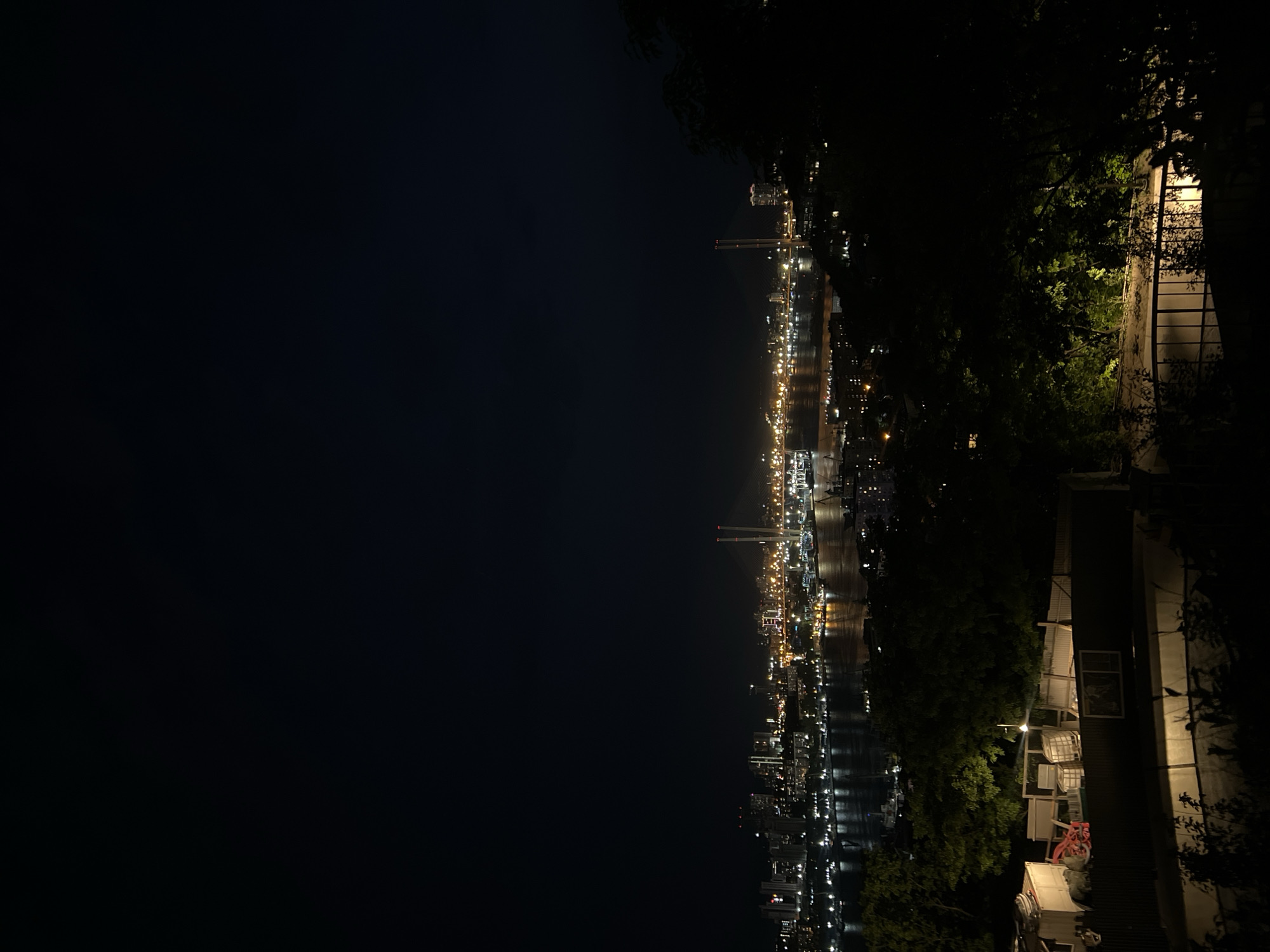 This media file captures a panoramic night view of a city's waterfront, likely a large bay or harbor, seen from an elevated position. The dominant feature is a long stretch of urban and industrial lights reflecting brightly on the dark water, creating numerous vertical streaks. In the distance, a prominent bridge, possibly a cable-stayed or suspension bridge, is visible with two tall, illuminated towers and red warning lights.
Along the waterfront, various buildings, industrial structures, and what appear to be numerous ships or boats are brightly lit, highlighting the bustling nature of the port city. The sky above is dark and clear, indicating a cloudless night.
In the immediate foreground, to the right, dark silhouettes of trees and dense foliage partially frame the view. Beneath the foliage, part of a building or structure is visible, illuminated by warm artificial light. Details within this illuminated area suggest a railing, possibly stairs, and what might be outdoor furniture or equipment like an air conditioning unit.
No specific activity or event is discernible beyond the general nighttime operation of a port city. There is no visible text in the image. The scene conveys a sense of a vibrant, active urban and industrial area after dark, consistent with a major port city like Vladivostok, Russia.