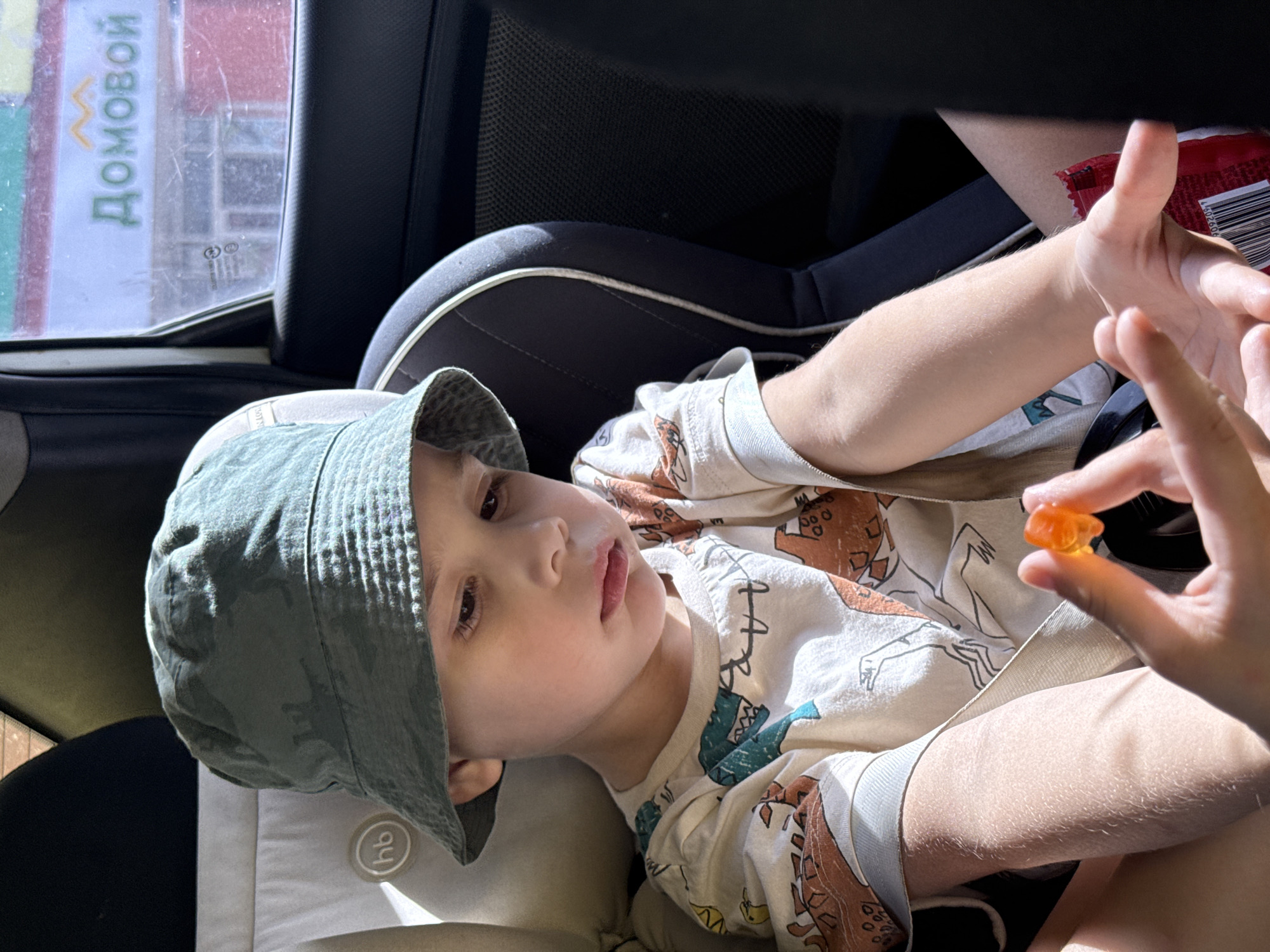 A young child wearing a green camouflage bucket hat is in a car seat. He is wearing a long-sleeved shirt with dinosaur designs. Another hand is holding a small, orange gummy bear near the child. The backdrop shows part of a building with a sign reading "ДОМОВОЙ" (Domovoy), a chain of hardware stores in Russia. This indicates the location is likely in or near the city of Chaikovsky, Russia.