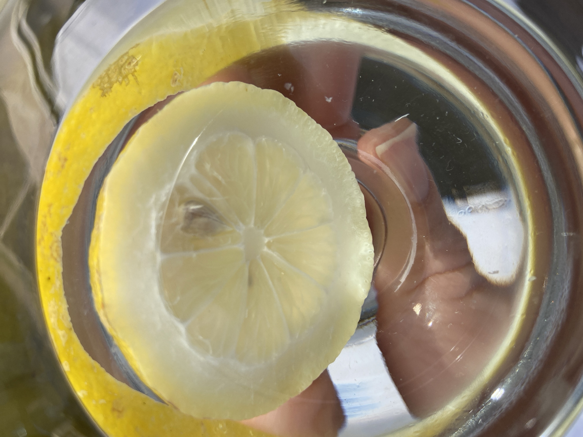 An overhead shot captures a refreshingly clear glass of water containing a bright yellow lemon slice and a long, spiraled lemon peel. The transparent glass reveals the subtle textures of the lemon and the clean quality of the water. The lemon slice, positioned centrally, shows its distinct segments and a hint of a seed. The vibrant yellow lemon peel curves along the inner rim of the glass, its slightly textured surface and a few brown spots visible.
Through the clear water and glass, the blurred fingers of a person are visible, holding the glass, suggesting an active interaction with the beverage. The reflections on the glass indicate a bright environment, likely during daytime, with soft light illuminating the scene. The background is out of focus, showing light tones and diffuse shapes that contribute to the overall bright and clean aesthetic. No visible text is present in the image. The scene is set in Budva, Montenegro.