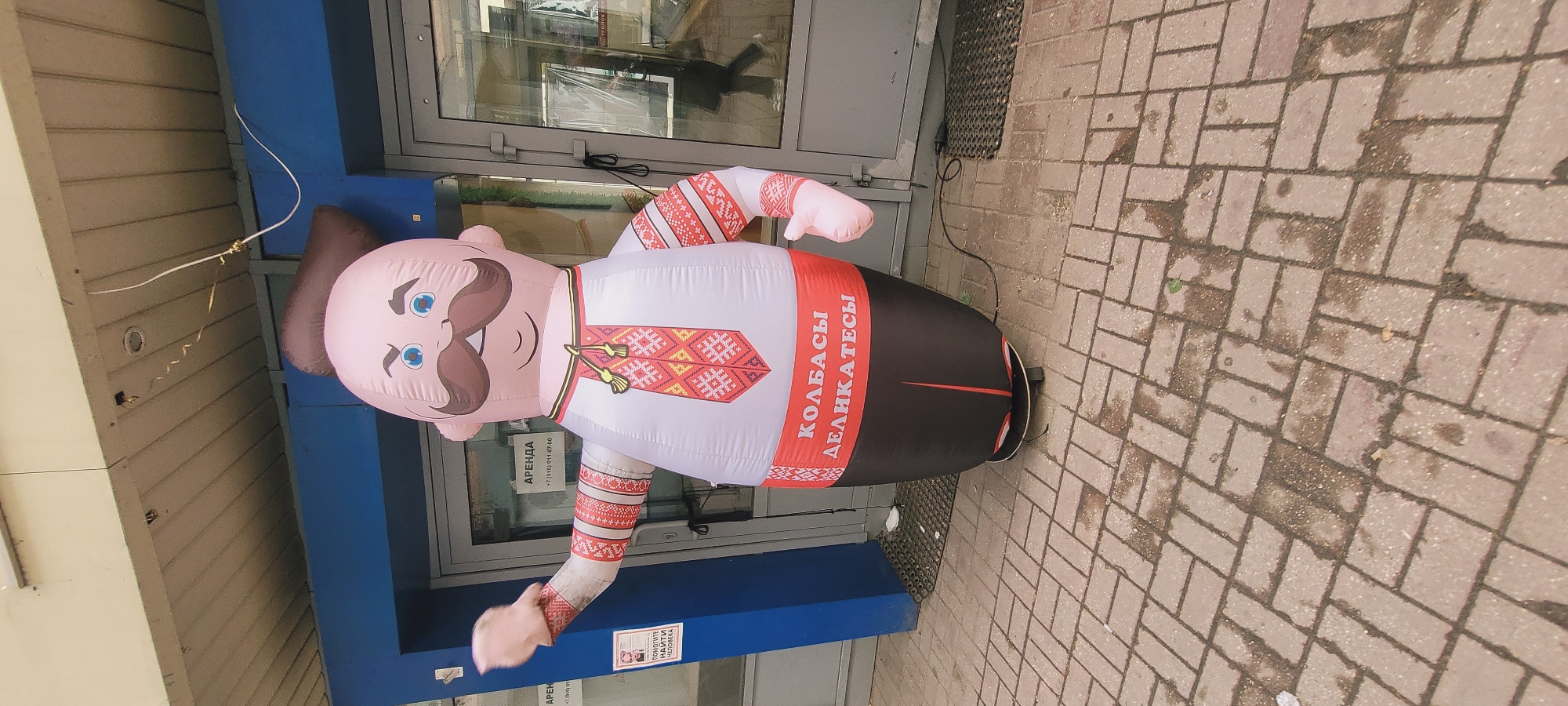 Here is a detailed description of the image:
The image shows an inflatable figure of a man outside a building. The figure is designed to promote "KOLBASY DELIKATESY" (sausage delicacies). The figure has a pink face, brown hair, a mustache, and blue eyes. He wears a white shirt with red and white embroidered sleeves, and a tie with a similar pattern. A red band with the text "KOLBASY DELIKATESY" wraps around his torso. The lower part of the figure is black.
The figure stands on a brick sidewalk in front of a building with a blue facade and a glass door. Signs can be seen on the door and wall, including one that says "APEH" and a phone number. There's also a sign that reads "АРЕНДА," another phone number, and "ПОМОГИТЕ НАЙТИ ЧЕЛОВЕКА." The image appears to have been taken during the day.
Based on the writing on the inflatable, this is likely in a Russian-speaking country.
