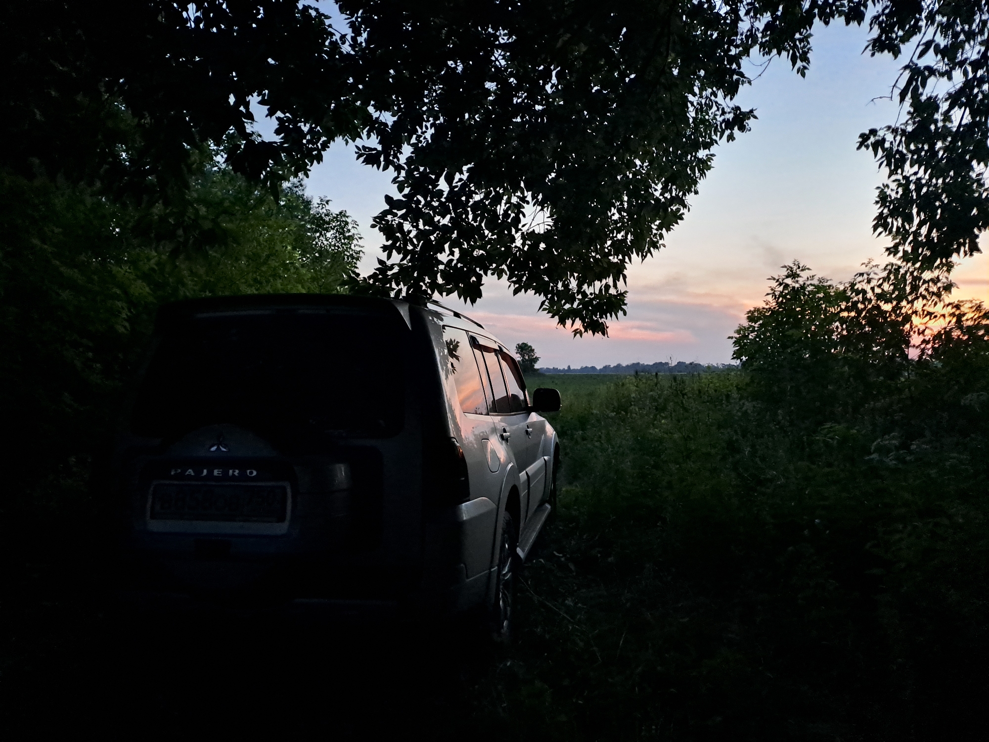 In Dedinovo, Russia, at dusk, a silver Mitsubishi Pajero is parked on a dirt track, partially obscured by the shadows of trees. The vehicle is facing left, its rear and side visible. The sky above is a gradient of blue and soft pink, indicating sunset. In the background, a field of green grass stretches out, meeting a treeline in the distance. The overall scene is one of natural tranquility and a hint of adventure.