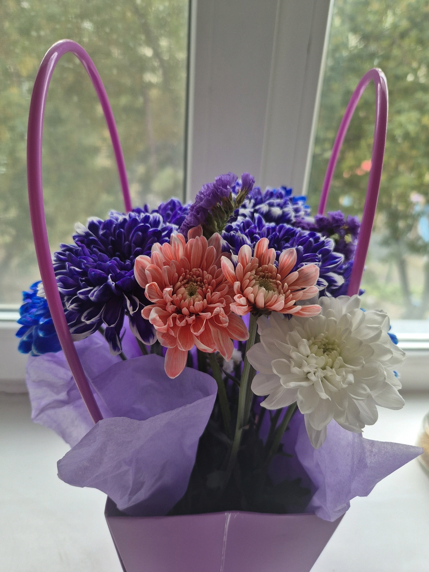 A close-up, vertical, eye-level shot shows a bouquet of assorted chrysanthemums arranged in a light purple, square-shaped box or basket. The flowers are a mix of vibrant colors, including deep purple with white tips, coral pink, bright blue, and white. Delicate purple tissue paper is tucked around the flowers within the container, and two bright pink, curved handles arch over the bouquet from the sides of the container. The bouquet is placed on a white surface, likely a windowsill, with a blurred green and grey background of trees and buildings visible through a window. There are no people present in the image. The image was captured in Kokshetau, Kazakhstan.