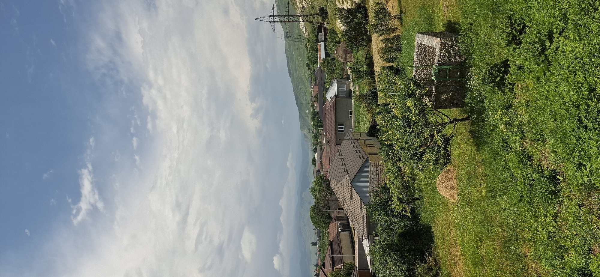 The image captures a rural village scene under a cloudy sky, likely in Sayukovo, Russia. The foreground is dominated by a lush green meadow dotted with various plants and a small, circular hay bale. To the right of the meadow is a stone structure resembling a well, with a green ladder visible inside. Further back, a cluster of houses with tiled roofs forms the village, interspersed with trees and vegetation. In the mid-ground, a prominent house with a gray tiled roof and brick walls stands out. Beyond the village, rolling green hills stretch into the distance, punctuated by power lines and transmission towers. The overall atmosphere is peaceful and pastoral, with a hint of industrial infrastructure in the background.