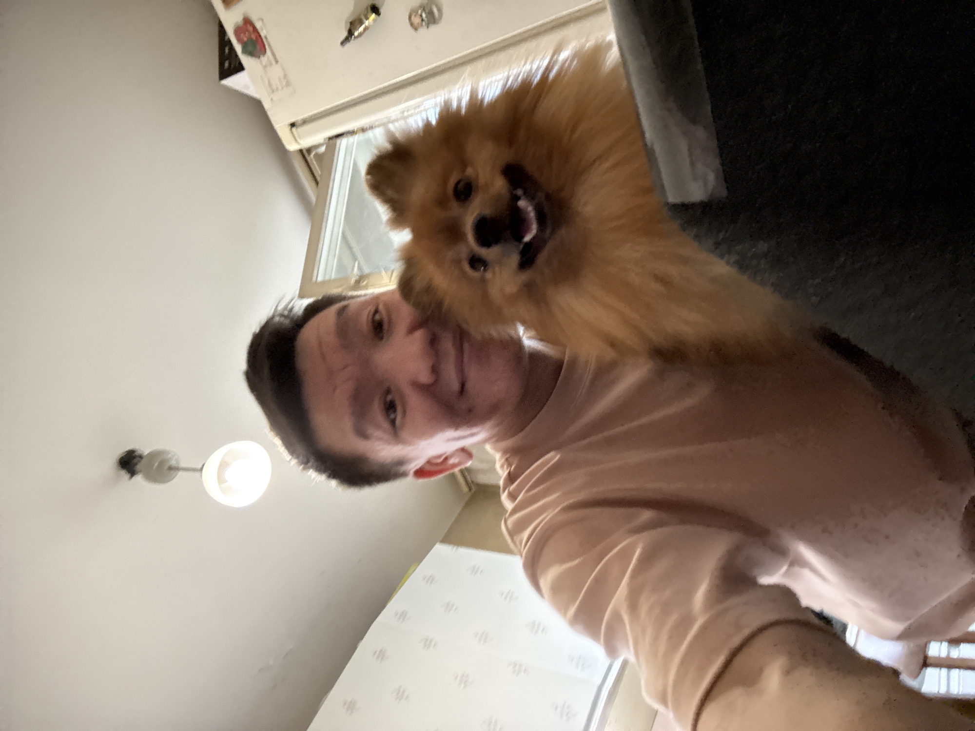 A person and a Pomeranian dog are pictured in a selfie. The person is tilting their head up towards the camera, with their face in the lower-left quadrant of the image. They have dark hair and are wearing a light pink long-sleeved shirt. The Pomeranian is positioned above the person's head, looking directly at the camera with its mouth open, as if barking or panting. Its fur is golden brown and fluffy.
The background appears to be indoors, possibly a kitchen or hallway, with a white ceiling and a glimpse of what looks like a refrigerator with magnets on it in the upper left. A light fixture with a bright bulb is visible on the ceiling. A window or door frame is to the right of the dog's head, and a dark, textured surface is to the right of that. The overall lighting is bright, suggesting daytime. The mood of the image is playful and energetic, due to the dog's active pose and the selfie orientation. There is no visible text in the image.