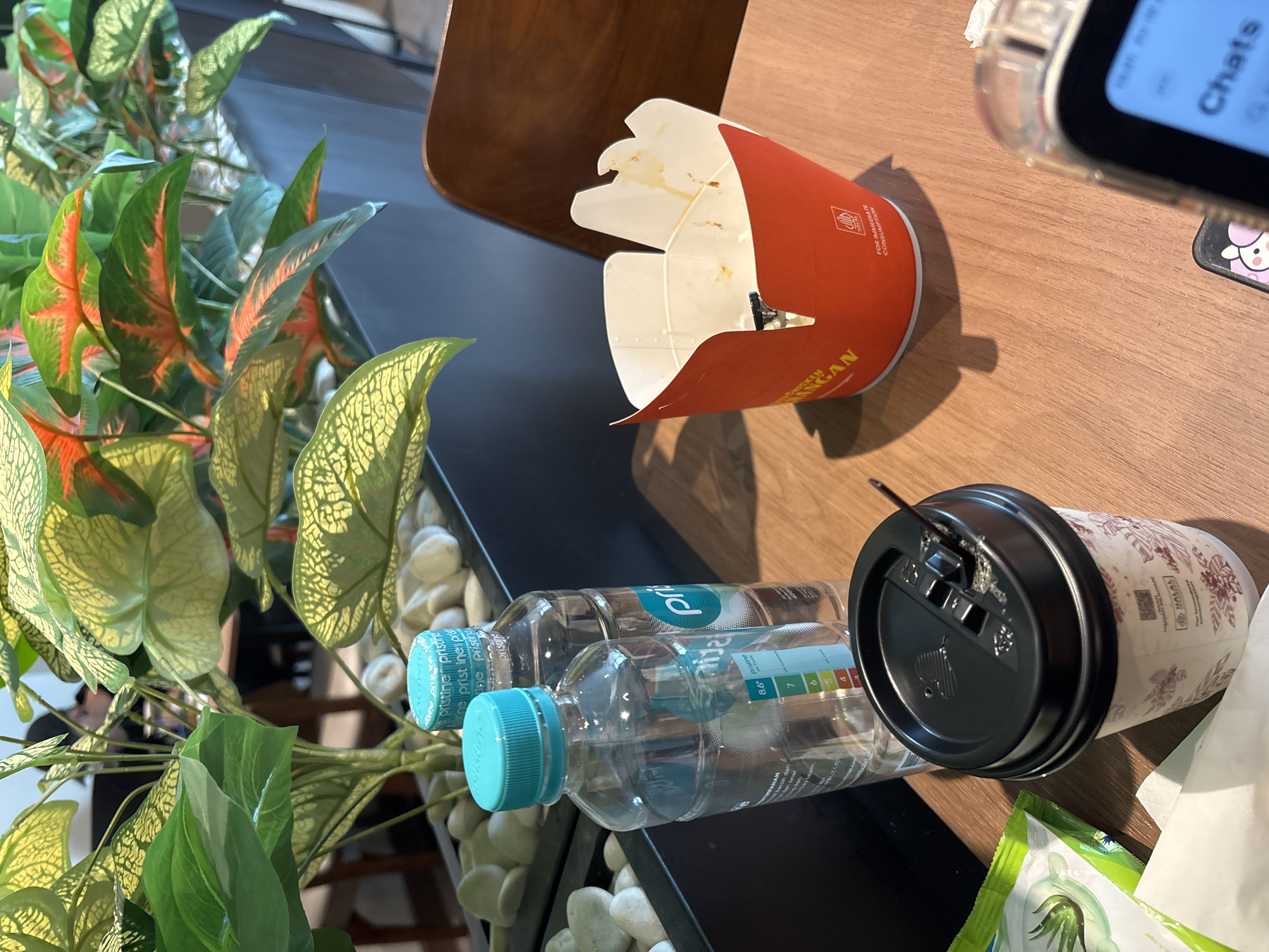 The image depicts a close-up view of a wooden table with several items on it. In the foreground, a black coffee cup with a white floral pattern is visible, topped with a black lid and a straw. To the left of the coffee cup are two plastic bottles of water, one with a blue cap and another with a white cap. Behind the bottles, a green plant with large leaves is prominently displayed, with some of its leaves showing reddish-orange markings. To the right of the coffee cup, an open red container with some food residue inside is situated. The background shows more of the plant and hints of furniture, suggesting an indoor setting. The lighting suggests it is daytime, possibly indoors in a cafe or restaurant. There are no people clearly visible in the image.