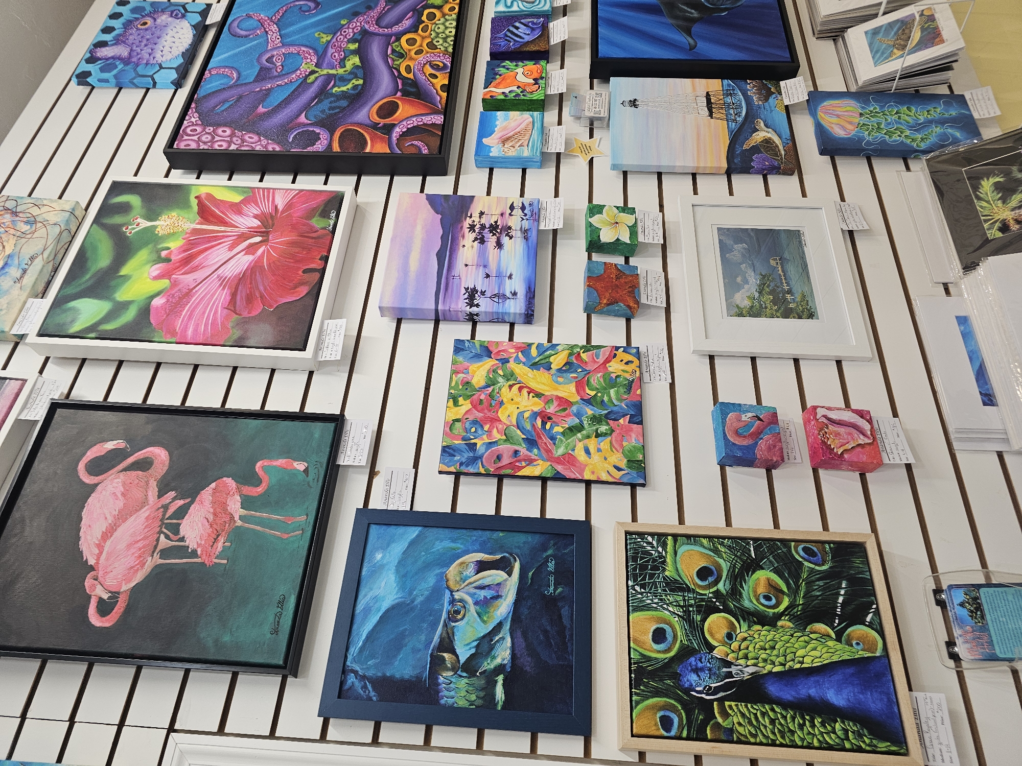 The image shows a display of colorful artwork on a wall with white, horizontal panels, likely in a gallery or shop in Marathon, United States of America. The artwork includes paintings of a pufferfish, octopus, hibiscus flower, flamingos, a tarpon, and a peacock, among other subjects like underwater scenes, shells, and tropical motifs. The pieces are framed in various styles and colors, and many have price tags attached. The overall impression is of a vibrant and diverse collection of artwork for sale.