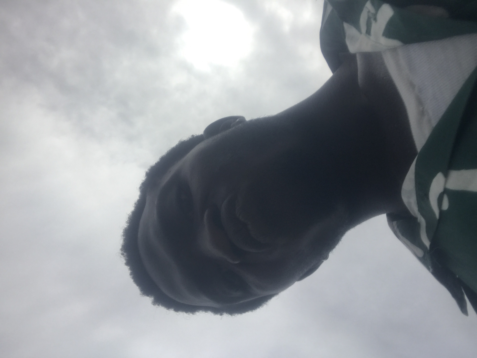 An over-the-shoulder, low-angle selfie shows a dark-skinned man with short, curly hair looking into the camera with his lips pursed. He is wearing a white undershirt and a green and white striped collared shirt. The background is a cloudy, grey sky with a bright spot of light, possibly the sun, visible on the right side. The image appears to have been taken outdoors.