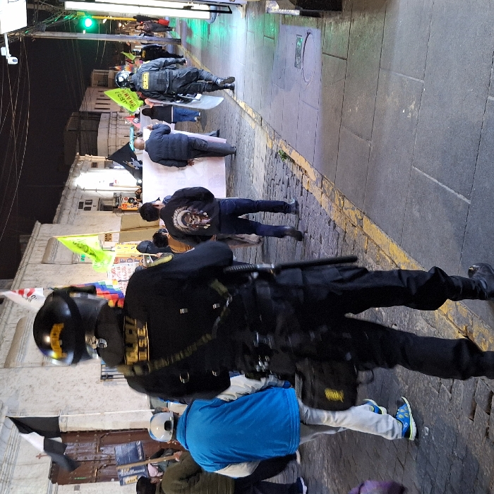 A street scene depicts a protest with people holding flags and signs. Law enforcement personnel in riot gear are present, one prominently in the foreground. Some protesters appear to be facing off with the police, while others stand behind a white banner. The setting suggests an urban area with buildings lining the street and overhead lighting.