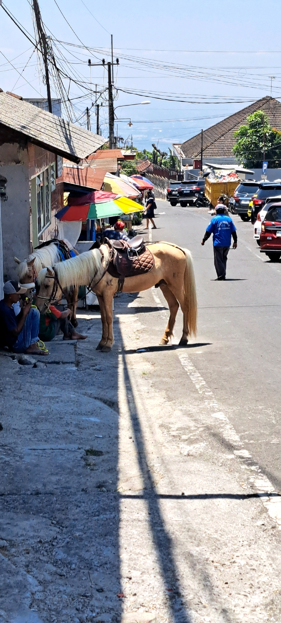 The image depicts a street scene in Prigen, Indonesia, on a sunny day. Two saddled horses are standing on the side of a paved road, near a building with a tiled roof and several colorful umbrellas set up as stalls. One horse, a light brown color with a blonde mane, is prominently featured in the foreground, facing right. Another horse, mostly obscured, is standing to its left. Two individuals are seated on the ground near the horses. One person, wearing a blue shirt and jeans, is seated on the left, seemingly engaged with something in their hands. Another person, wearing a red hat, is partially visible behind the horses. A man in a blue long-sleeved shirt and dark pants walks away from the viewer down the road, towards the right side of the image. Several vehicles, including a truck with a yellow dumpster filled with trash, are visible further down the road. Power lines crisscross above the scene. The ground on the left is a rough concrete sidewalk, while the road itself appears to be asphalt with a white painted line. Shadows of overhead structures are cast across the ground.