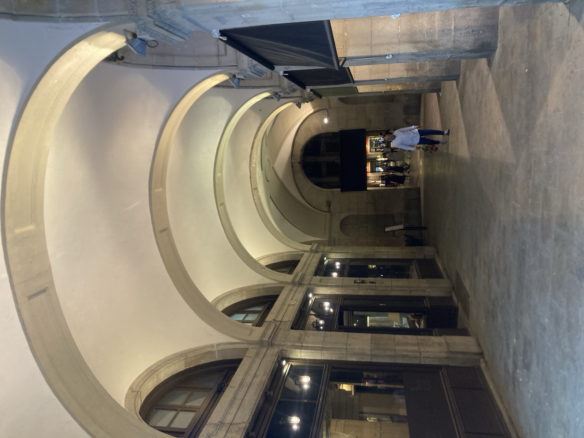 The image captures a grand covered walkway or arcade, likely at night or in the evening, in Barcelona, Spain. A series of smooth, light-colored arches recede into the distance, creating a pronounced sense of depth and a tunnel-like effect overhead. The architectural style is elegant, featuring stone or stucco structures that support the arched ceiling.
Artificial lighting illuminates the pathway and the arches, casting a soft glow that highlights their curves. Along the right side of the walkway, several commercial establishments are visible, featuring large glass windows that reflect interior lights. Dark awnings are rolled out above these shopfronts.
In the midground, a person wearing a light-colored top and dark trousers is seen walking away from the viewer along the paved path. This individual is notably carrying a bouquet of red flowers. Further down the illuminated passage, other indistinct figures can be observed. The scene conveys a sense of a sophisticated urban environment, offering a sheltered space for pedestrians and access to businesses. No discernible text is clearly visible.