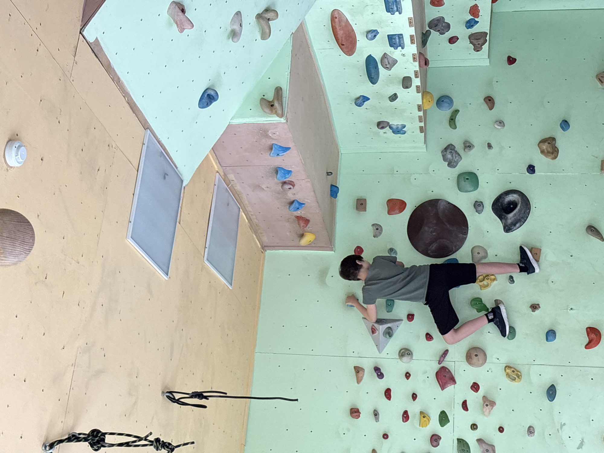 A boy is climbing a climbing wall. The wall has holds of various shapes and colors. The wall is pale green. The boy is wearing a light green t-shirt, black shorts, and black shoes with white soles. The boy is on the right side of the frame. The climbing wall is indoors. There are other walls of different colors in the background. Some walls are beige and some are pale green. There are a couple of windows on the left wall. Climbing ropes are on the bottom left. There is a smoke detector on the left wall near the upper left. The location is Chaikovsky, Russia.