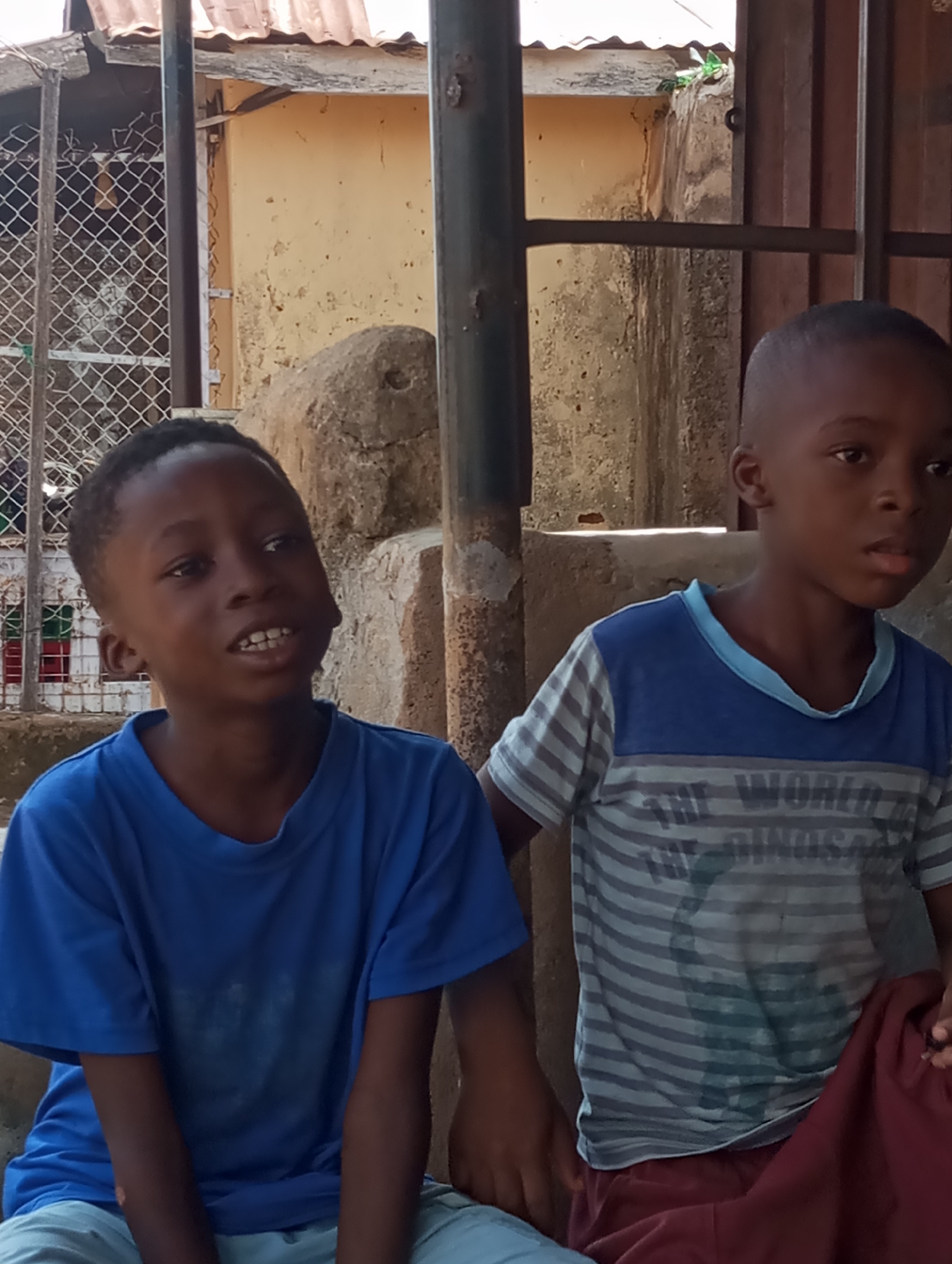 Two Black male children are seated close together outdoors. The child on the left wears a blue t-shirt and light-colored pants, looking up and slightly to the left. The child on the right wears a striped blue and grey shirt over maroon pants. The background is partially obstructed by metal posts and a wire mesh fence. The location is identified as Narayi, Nigeria based on the request. The walls behind them are weathered and textured. There is a corrugated metal roof visible in the upper part of the image.