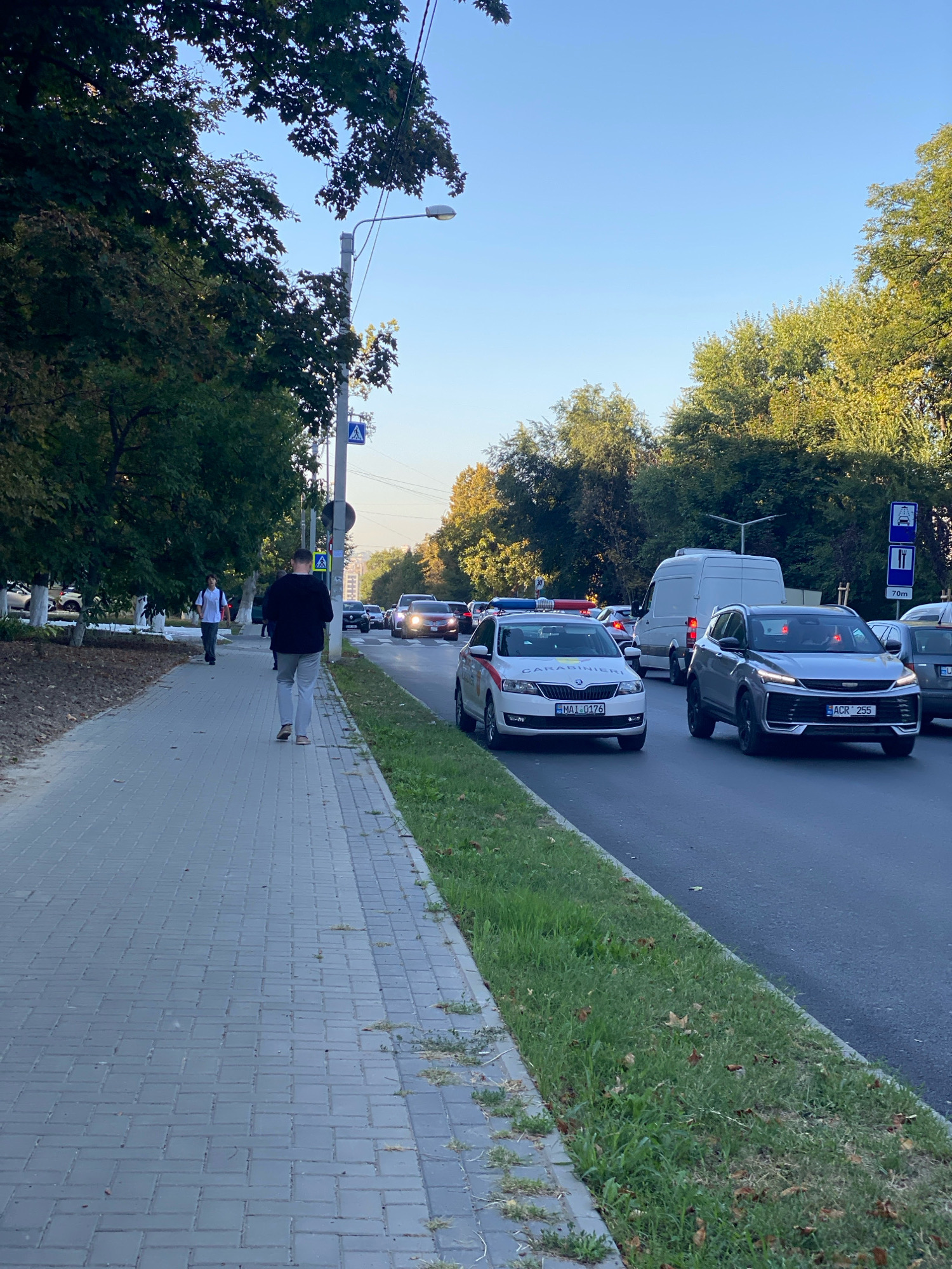 In Chișinău, Moldova, on a tree-lined street with a paved sidewalk and a grassy verge, two men are walking away from the camera on the sidewalk. One man in a dark sweater and light pants walks ahead of another man in a white shirt and dark pants. Traffic is moving on the right side of the road. Several cars are visible, including a white police car with "CARABINIERI" written on its side, and a silver SUV with license plate "ACR 255". A white van is also present in the traffic. Traffic lights and pedestrian crossing signs are visible. The sky is clear and blue.