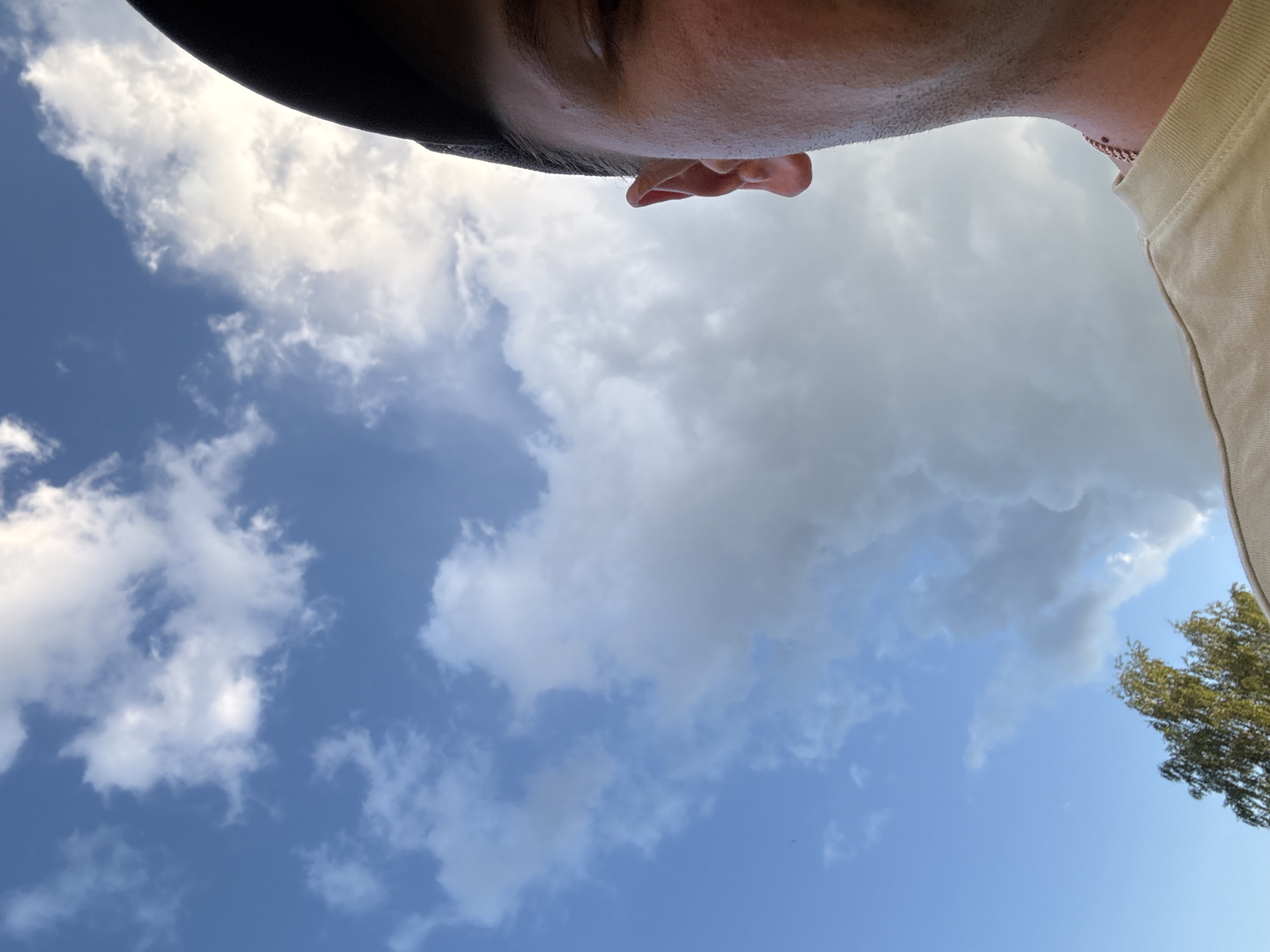 The media file is a close-up, low-angle shot of a person's head and shoulder against a bright blue sky with scattered clouds. The person appears to be wearing a dark hat and a light-colored t-shirt. Part of the person's face, including an ear and the side of their head, is visible, with some sweat glistening on the skin, suggesting a warm day. A faint glimpse of a chain necklace is visible around the neck. The background is dominated by the sky, with fluffy white clouds and some darker, more ominous clouds towards the top of the frame. A portion of a green tree with dense foliage is visible in the lower right corner. The composition is unusual, as it is taken from a very low perspective, looking upwards. The image appears to be taken outdoors, possibly in a park or open area, under daylight conditions. The time of day is likely daytime, given the brightness of the sky. The weather appears to be partly cloudy, with a mix of sun and shade. There is no visible text in the image. The orientation of the image is rotated 90 degrees counter-clockwise.
