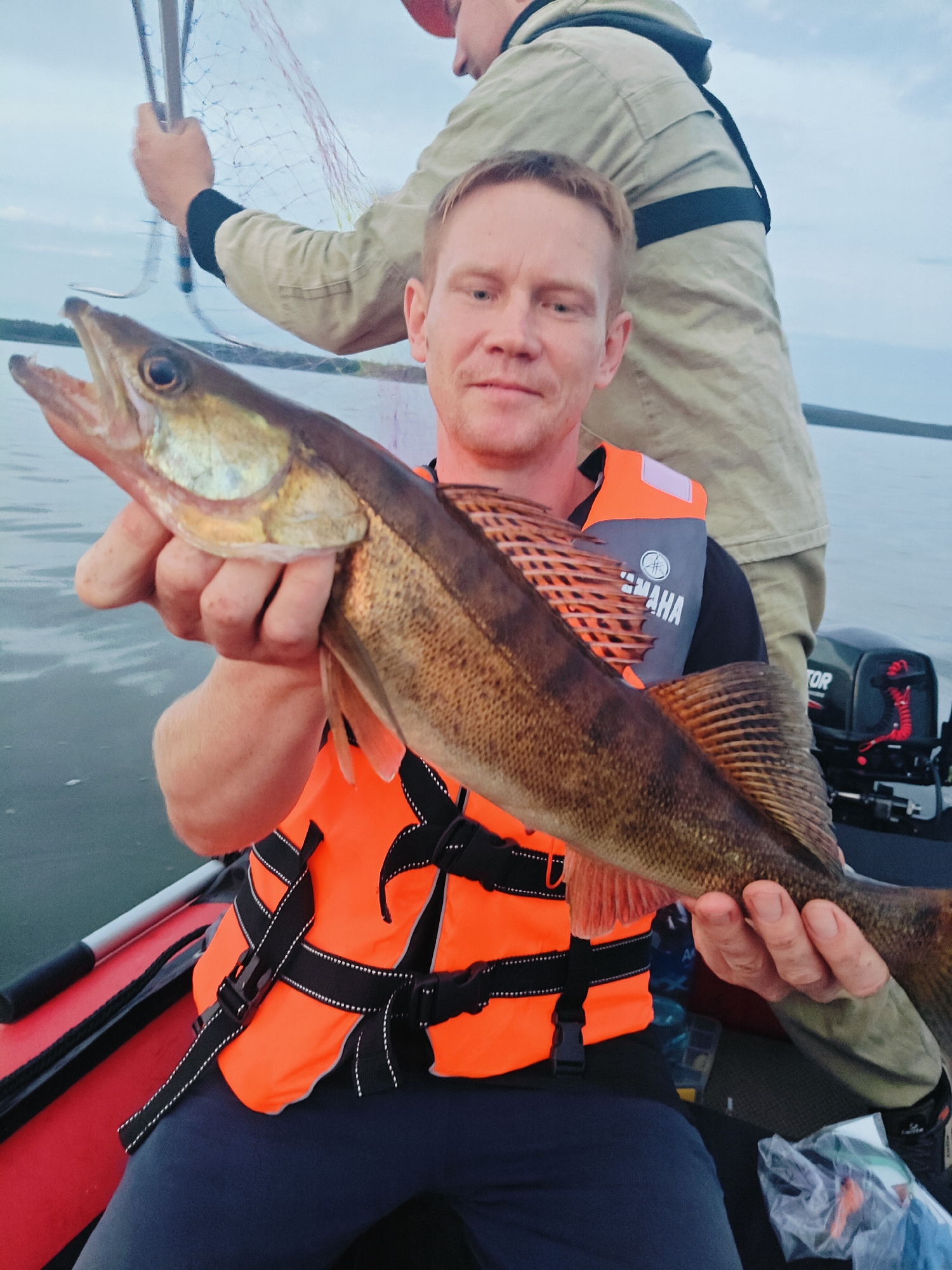 In Chaykovsky, Russia, two individuals are on a boat, presumably on the Kama River, given the proximity to the city known for its hydroelectric power station and reservoir. The foreground features a man wearing an orange life vest and a black shirt, holding a freshly caught fish. His hands grasp the fish, showcasing its scales and fins. Behind him, partially visible, is another person, also wearing a life vest, holding a fishing net. The environment appears to be a body of water under an overcast sky, with a small outboard motor visible on the back of the boat. The scene captures a moment of successful fishing.