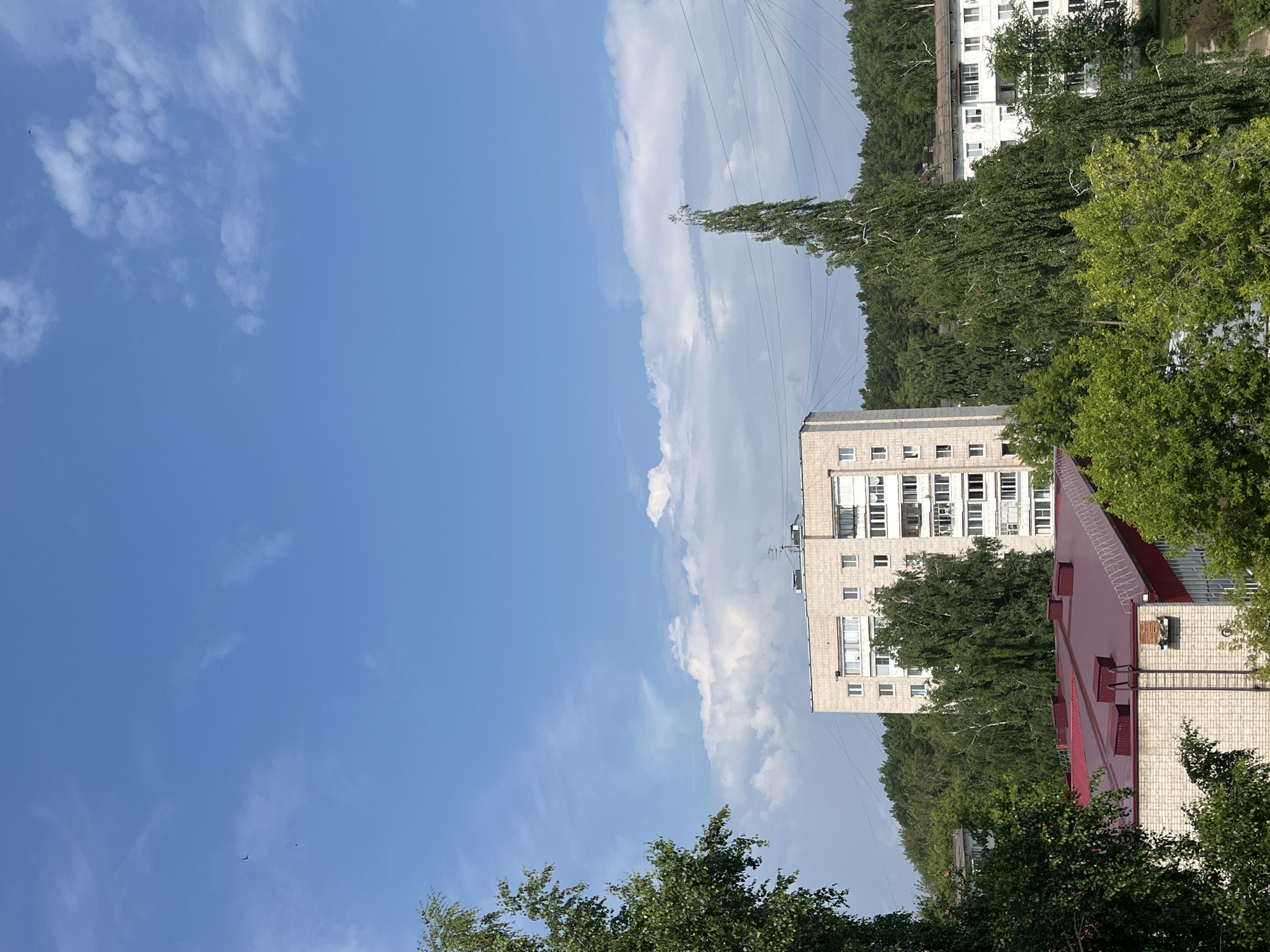 The image depicts a view of a residential area in Chaikovsky, Russia, under a clear blue sky with scattered white clouds. In the foreground, a building with a dark red roof and beige brick walls is visible, featuring several rectangular vents. A metal ladder is attached to its side. To the left, the lush green foliage of trees partially obscures the view.
Dominating the mid-ground is a multi-story apartment building, beige in color, with numerous windows and balconies. Behind this building and stretching across the horizon is a dense line of dark green trees, forming a natural backdrop. Another apartment building, also white and with multiple windows, is partially visible on the right side of the frame. Power lines crisscross the sky above the trees. Two birds are visible as small dark specks in the upper left portion of the sky. The overall scene suggests a quiet, daytime environment in a city surrounded by nature.