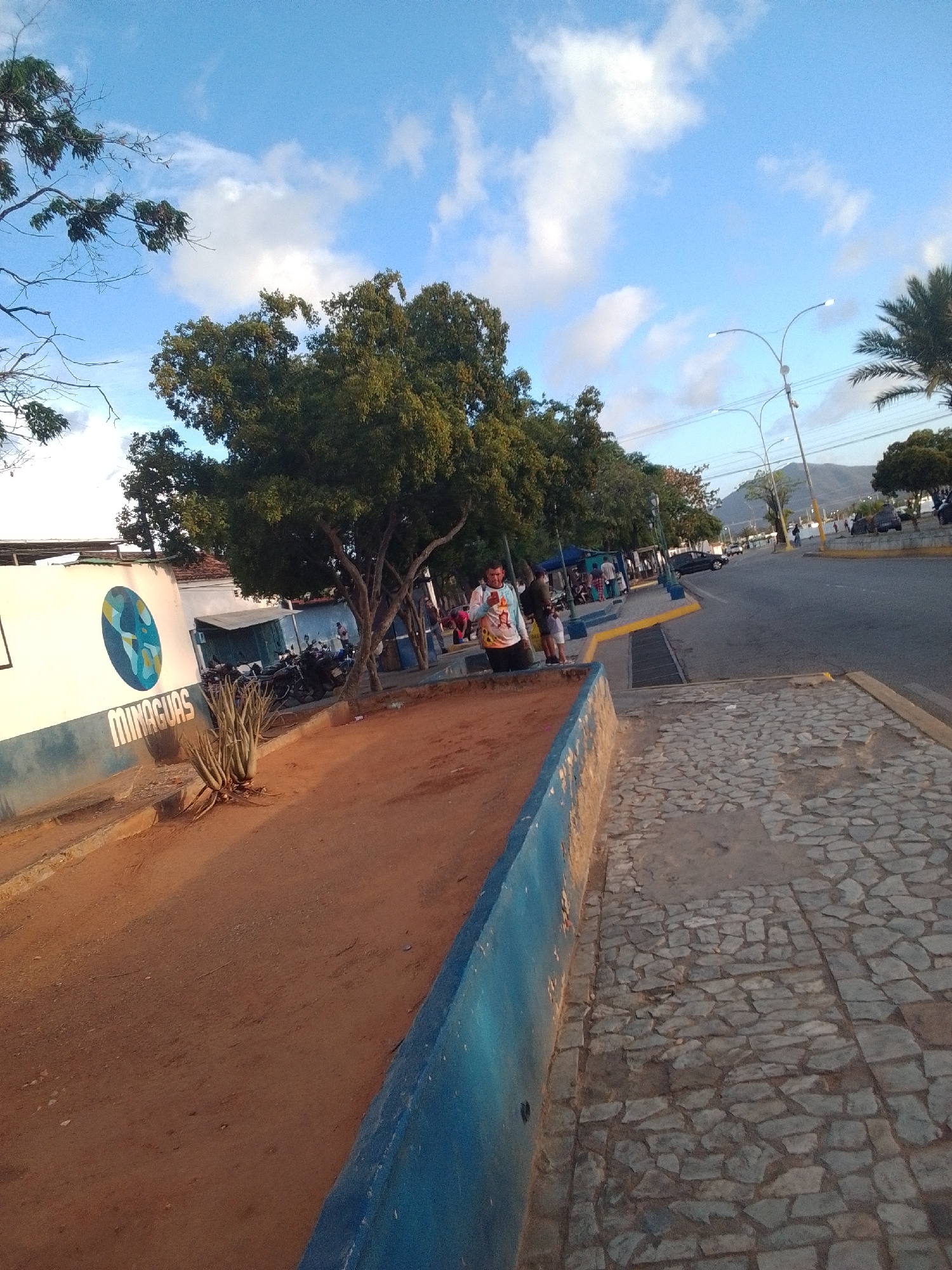The image depicts a street scene in La Tagua, Venezuela, under a partly cloudy blue sky. In the foreground, a dirt area with some sparse vegetation is bordered by a blue-painted concrete wall. To the right, a cobblestone path runs alongside the street.
A man wearing a white and colorful t-shirt with images on it stands on the dirt area, looking to his right. Behind him, a white building with a circular mural depicting a globe and the word "MINAGUAS" is visible. Several motorcycles are parked near the building.
Further down the street, a road is visible with vehicles, including a black car. Streetlights line the side of the road, and trees with green foliage are scattered throughout the scene. In the background, a mountain range can be seen under the sky. The lighting suggests it is either early morning or late afternoon.