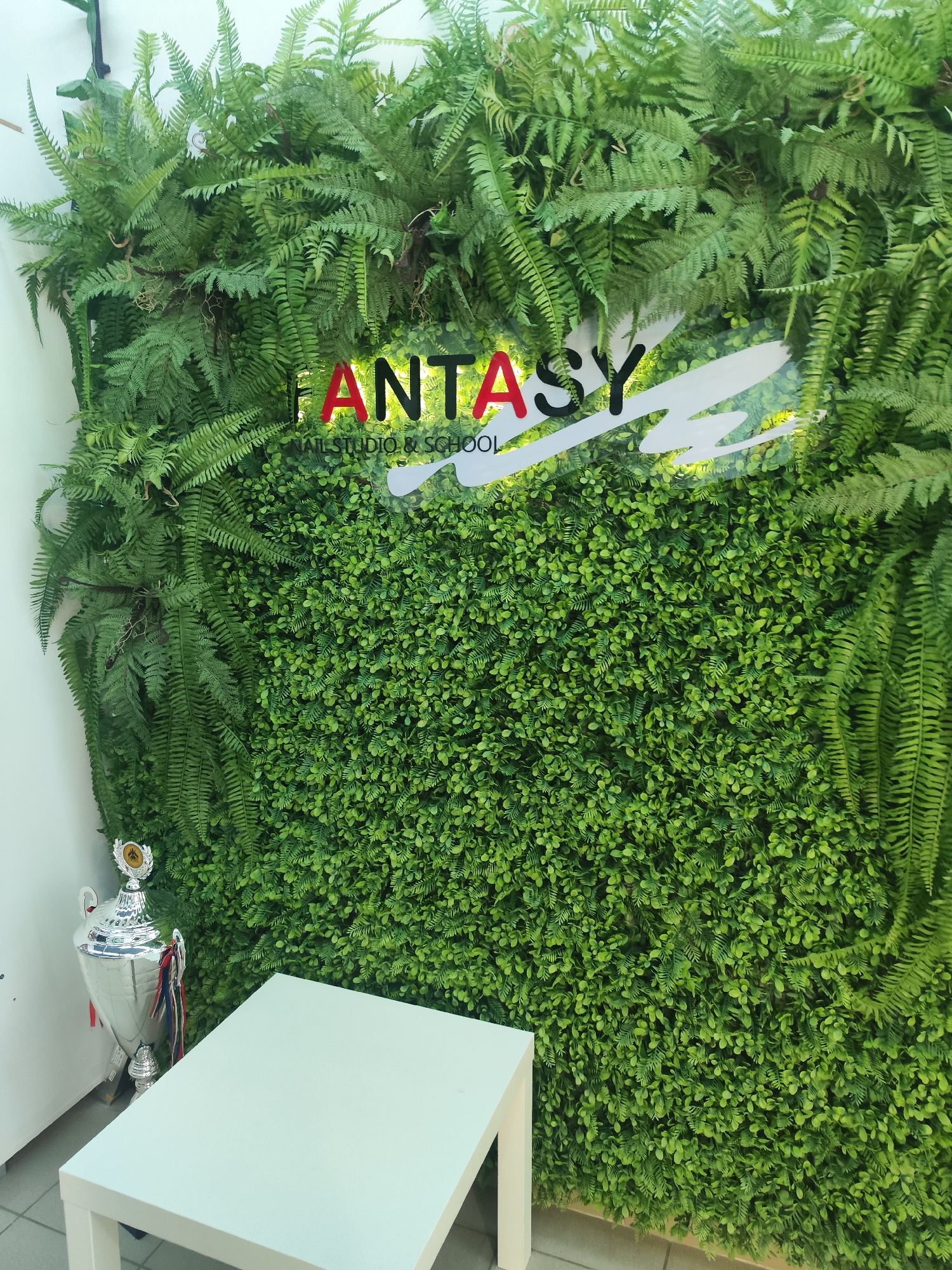 A photograph taken in Chaikovsky, Russia, features a faux foliage wall covered in ferns and smaller leafy plants. A sign that reads "FANTASY NAIL STUDIO & SCHOOL" is mounted on the wall. A white table is positioned in front of the wall, and a silver trophy with red and blue ribbons is placed next to the table on the left. The environment is indoors and appears to be a studio or school setting.