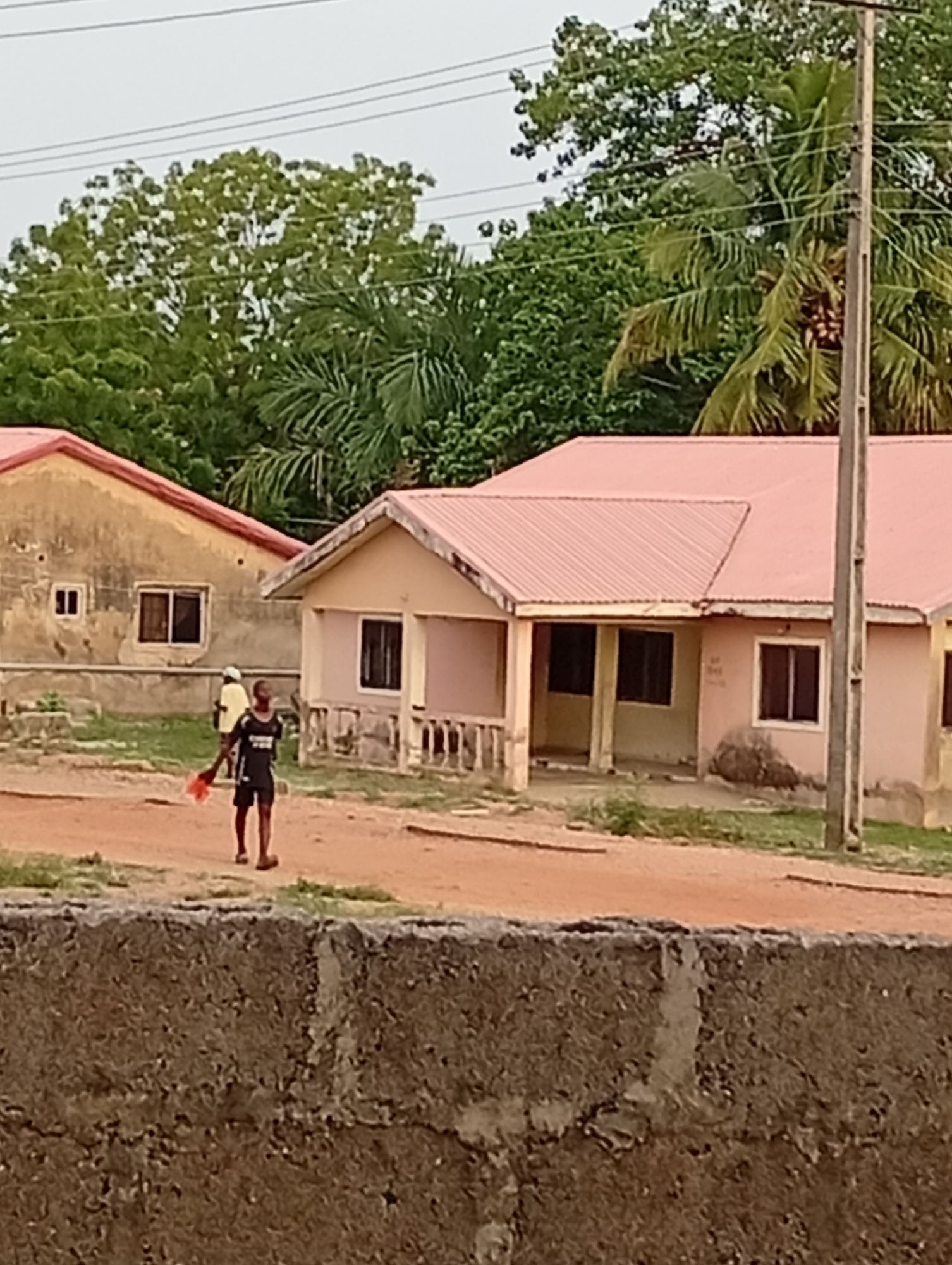 The image depicts a street scene in Adankolo, Nigeria. A young person in a black athletic outfit walks along a red dirt road, holding what appears to be a red cloth or item. Behind them, another person in a light-colored shirt is visible. The background includes two single-story buildings, one with a red roof and one with a yellow roof. Palm trees and other foliage are visible in the background. A concrete wall is in the foreground. Electrical wires are strung overhead.