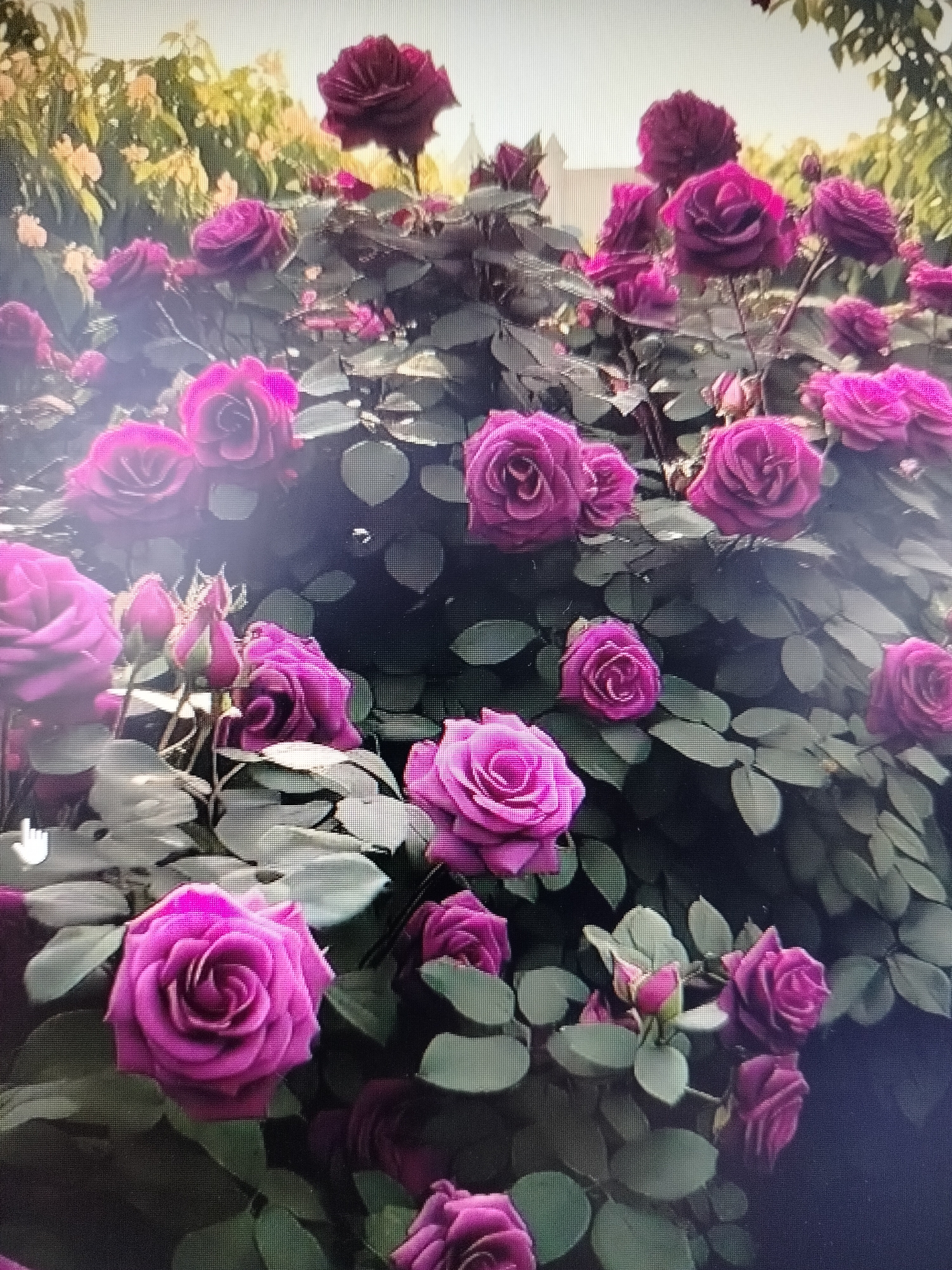 The image shows a close-up view of a dense rose bush with numerous purple and fuchsia roses in various stages of bloom, along with green leaves and some buds. The background is blurred, suggesting a soft focus effect, and appears to be an outdoor setting with dappled sunlight filtering through foliage. The lighting creates highlights and shadows on the petals and leaves. There are no people or discernible urban elements in the immediate foreground or background. The image is a photograph of flowers.