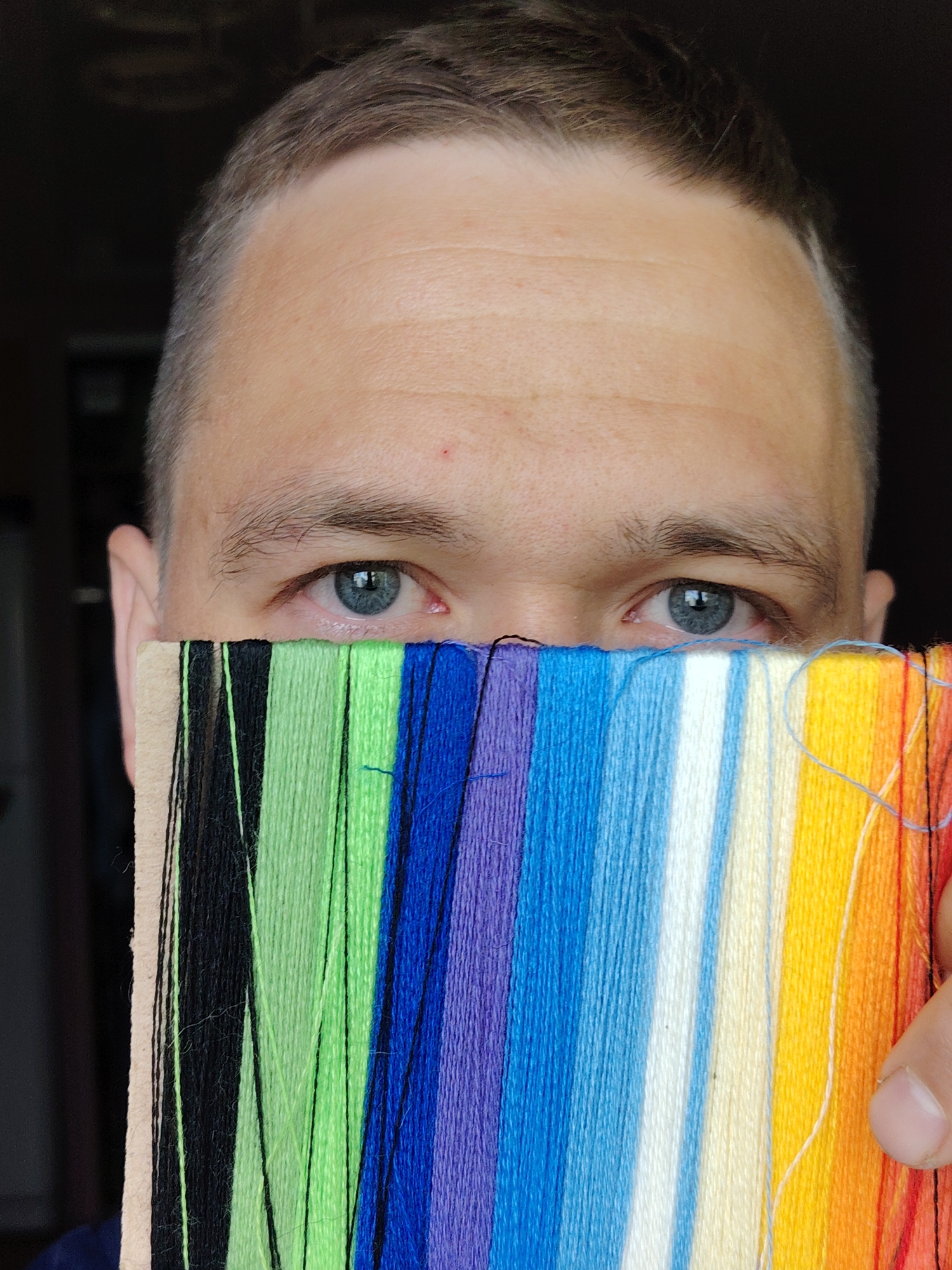 A close-up shot depicts a person holding a color card consisting of various colors of thread, vertically aligned, and held up to their face, partially obscuring it. The person's eyes, appearing to be light blue or gray, are visible above the card. The person has fair skin and short, light brown hair. The thread colors on the card include a range from left to right: beige, black, shades of green, purple, blue, white, yellow, and orange. The background is dark, possibly a room interior. The photograph's location, Chaikovsky, Russia, cannot be determined from the image.