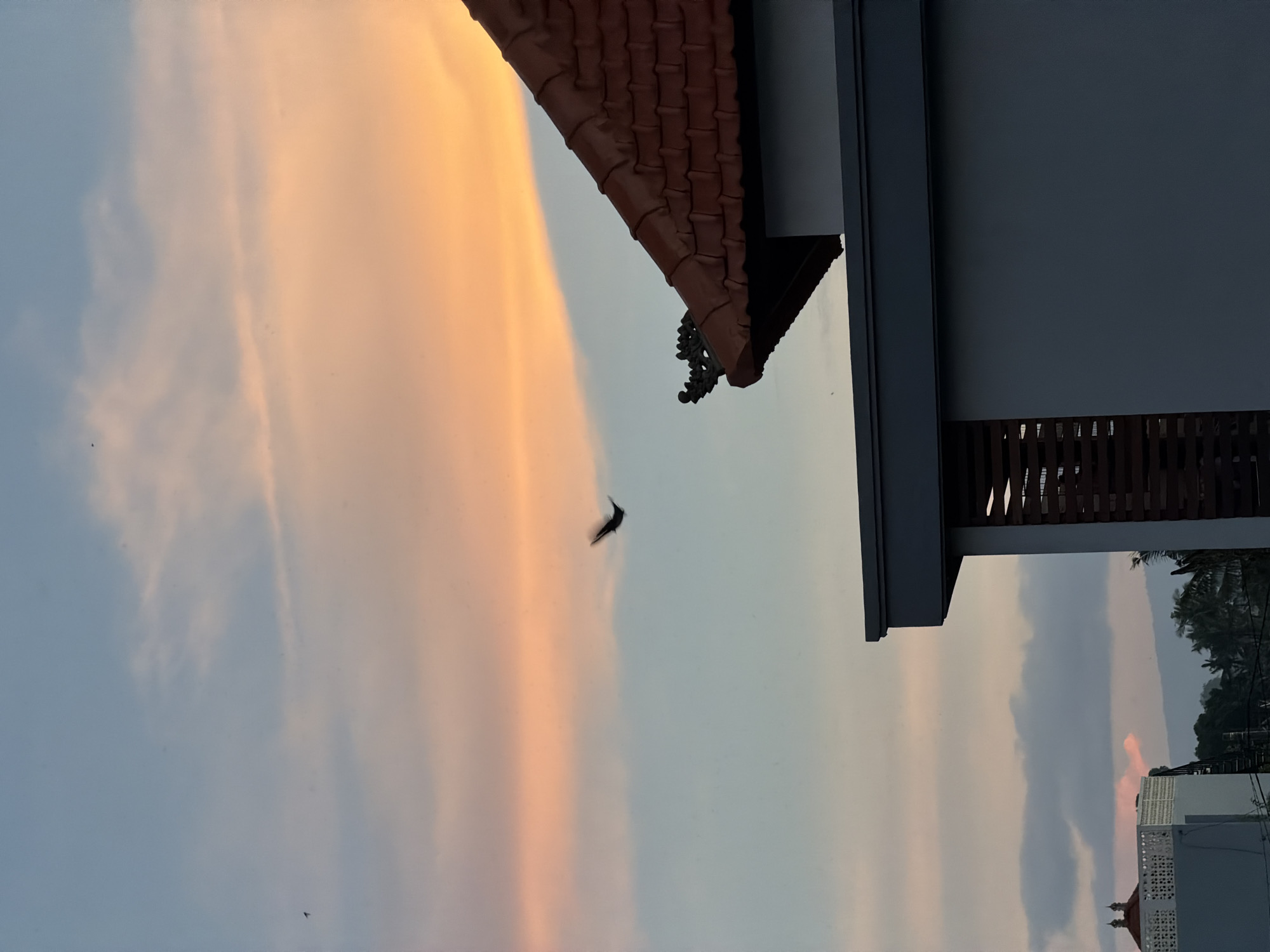 The image is an angled shot of the sky at dusk in Mengwi, Indonesia. The sky is a mix of light blue and orange hues, with cloud formations displaying a vertical pattern. A silhouette of a bird is seen in flight against the sky. In the foreground, a portion of a building is visible. The building features a traditional red tiled roof and a dark gray wall with a section of wooden slats. Some palm tree fronds and a view of other buildings can be seen in the distance.