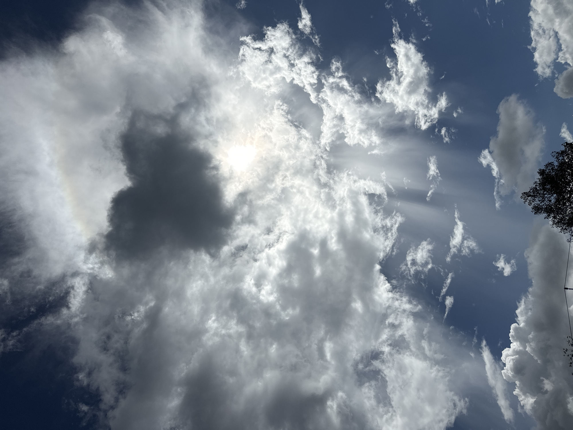 The image shows a view of the sky in Mũi Né, Vietnam. The sky is a mix of blue and white, with thick clouds dominating the scene. Some clouds appear dark and dense, while others are lighter and more dispersed. The sun is partially obscured by the clouds, and sunbeams appear to stream out from behind the clouds. A circular rainbow is visible behind the thickest clouds. A tree is in the right-hand corner of the image.