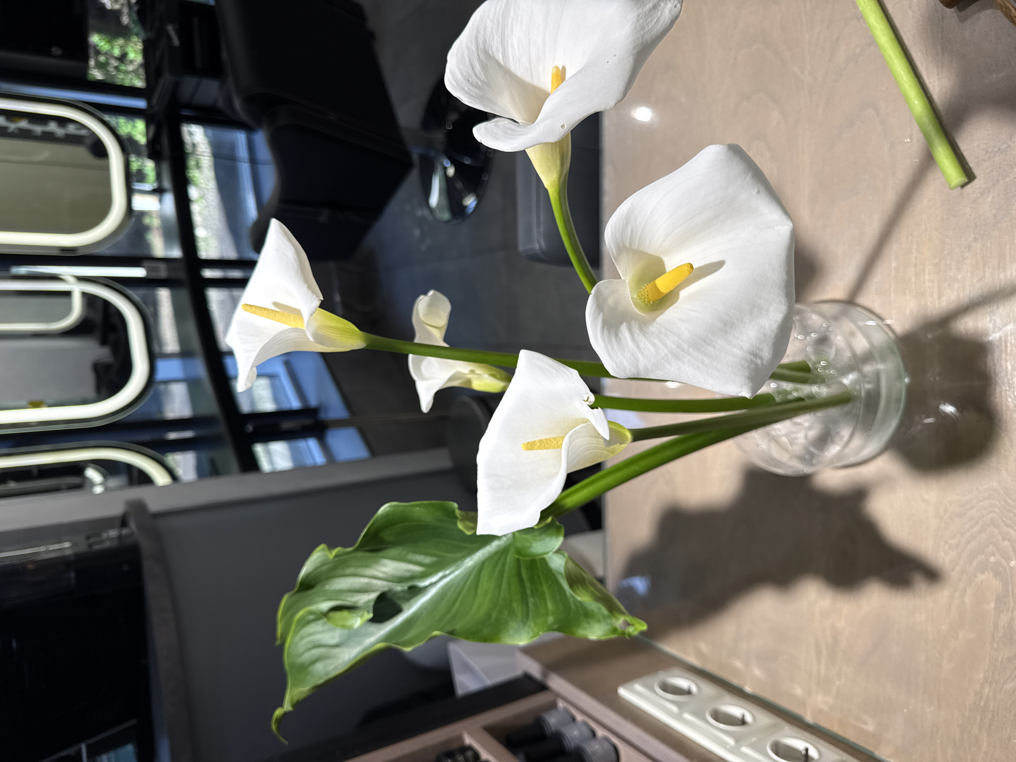 A high-angle, indoor shot reveals a vase of white calla lilies and a single green leaf, set on a light brown wooden surface. In the background, a salon chair and reflective surfaces are visible. The location could be in the city of Sochi, Russia, but that is not explicitly evident from the image.