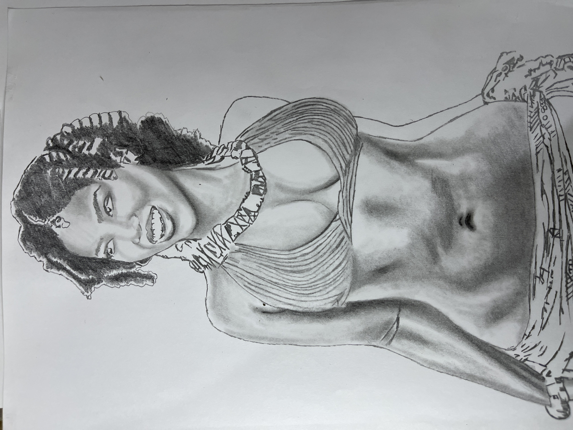 A detailed pencil sketch depicts a woman smiling at the viewer. She has dark curly hair and is wearing a garment consisting of horizontal bands across her chest, held up by a strap made of interlocked X shapes. Her abdomen is visible, and part of her arm and a draped fabric are shown on her right. The setting appears to be unspecified, with no explicit indicators pointing to Jos, Nigeria or any particular urban environment.