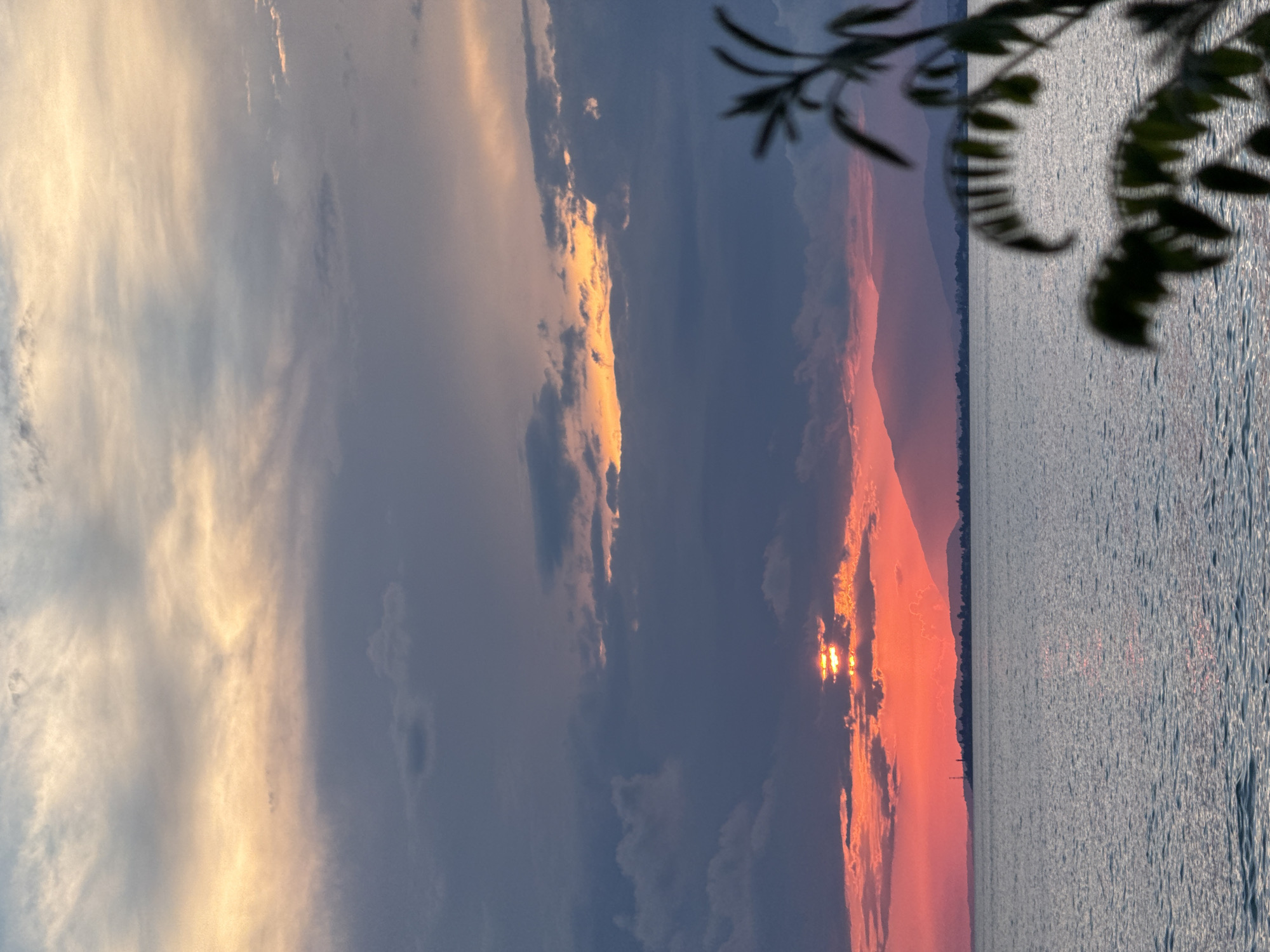 A serene sunset over a body of water near Yuada-Gulrypsh, Abkhazia. The sky is a canvas of dramatic clouds, transitioning from a warm orange glow near the horizon to shades of pink, purple, and deep blue higher up. The sun is partially obscured by clouds, casting a vibrant red and orange light across the sky and reflecting on the calm water. In the distance, a silhouetted coastline features rolling hills and a faint, slender tower. The foreground is softly blurred with the dark green leaves of a plant, adding a natural frame to the scene. The water is tranquil, with gentle ripples reflecting the colors of the sky. No people are visible in the image.