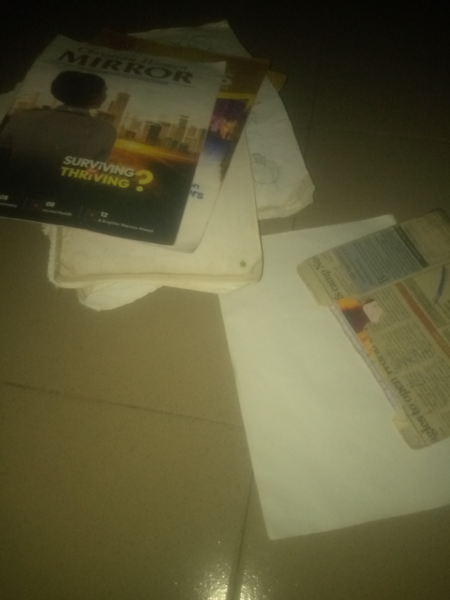 A pile of papers and magazines is scattered on a tiled floor. The top item is a magazine with the title "CHRONICLE MIRROR" and the words "SURVIVING OR THRIVING?" on its cover. The magazine shows an image of a person with their back to the camera looking at a city skyline. Other papers and newspaper clippings are also present. The lighting is dim, suggesting the photograph was taken in low light conditions. The floor appears to be a light-colored tile. There are no people visible in the image.