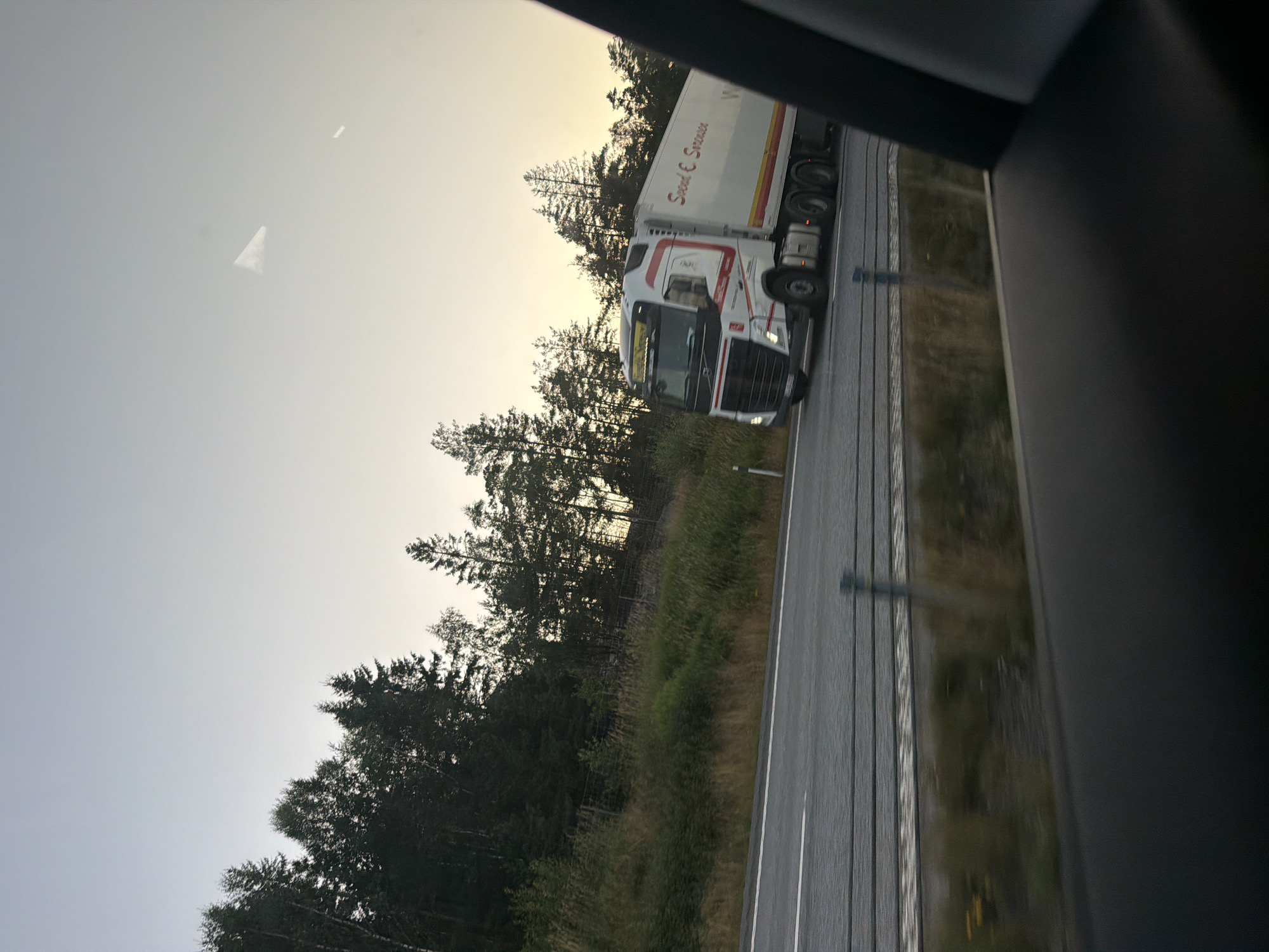 A white semi-truck with red and black accents is traveling on a highway. The truck is branded with "Speed & Sensation" in red lettering on the trailer. The truck has a Volvo logo on the front grille. The highway is a multi-lane asphalt road with a white line marking the lanes. On the left side of the highway, there is a grassy embankment with trees lining the top. The sky is clear and light blue, with a faint gradient towards a lighter color at the horizon. The scene is likely captured from a moving vehicle, as indicated by the motion blur in the foreground. The location is Dingle, Sweden.