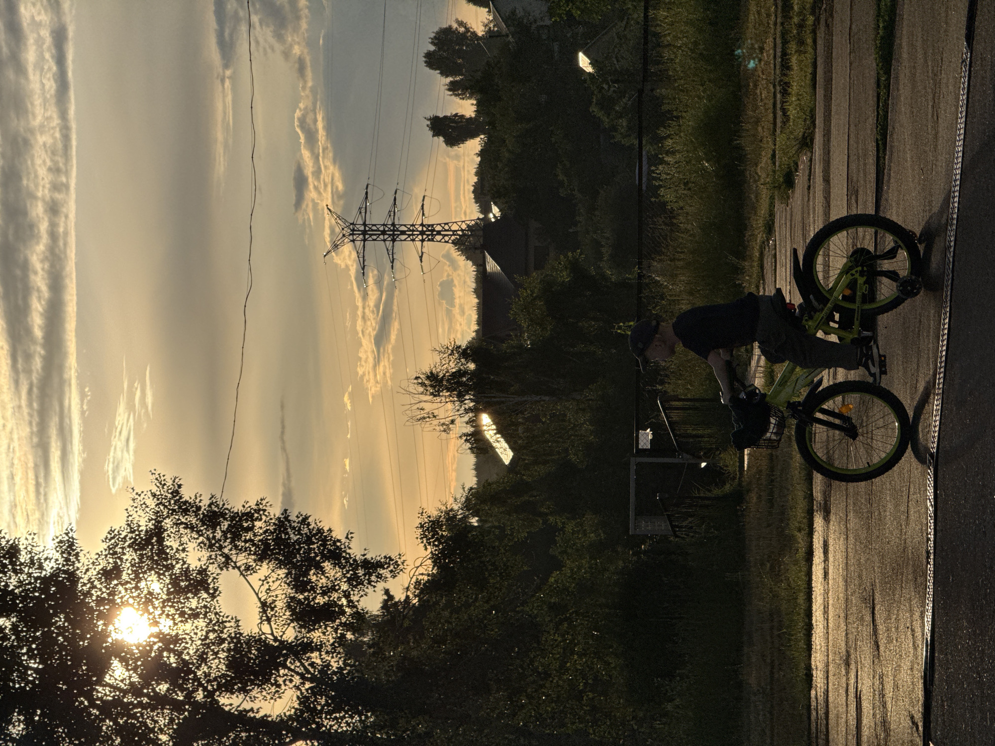 A boy wearing a dark t-shirt and a cap rides a lime green bicycle with training wheels on a paved surface. The bicycle has a black basket in the front containing some dark items. The boy is in profile, facing to the right. The sun is setting behind a tree on the left side of the image, casting a warm glow and creating a silhouette effect. In the background, there are trees, houses, and a tall electrical pylon. The sky is filled with clouds and streaks of sunlight. The paved surface in the foreground appears wet, reflecting the golden light of the sunset. The overall scene depicts a peaceful, late afternoon or early evening in a suburban area, potentially Chaikovsky, Russia, given the context of the prompt.