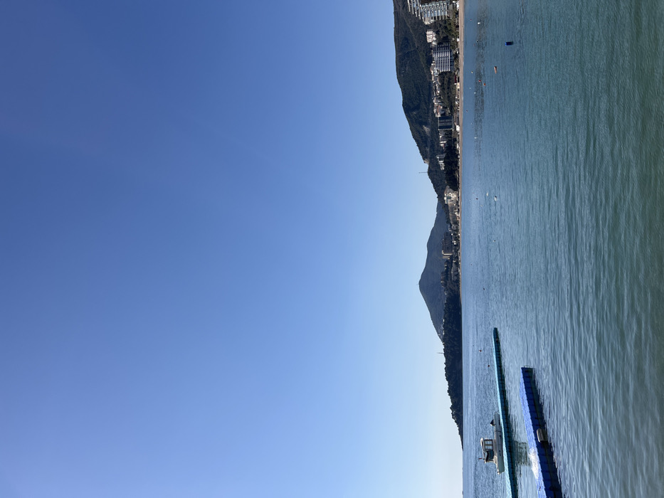 This image displays a panoramic view of Budva Bay in Budva, Montenegro, under a clear, cloudless light blue sky. The calm, teal-colored sea occupies the lower half of the frame, exhibiting minor surface ripples. In the lower-left quadrant, two segments of interconnected blue modular floating pontoons extend horizontally into the water. A small, white-hulled boat with a cabin is positioned behind the upper pontoon, facing away from the viewer.
The coastline curves from the left to the right side of the image, featuring a narrow beach. Along this beach, a dense cluster of multi-story buildings, characterized by light-colored facades and dark roofs, constitutes urban development. These structures are nestled against lush green, tree-covered hills that ascend into mountains in the distance. A prominent, verdant headland extends into the sea on the far left. Several small, dark, indistinct objects are scattered across the beach and within the nearshore waters, consistent with buoys or very distant figures. The scene is brightly illuminated by natural daylight.