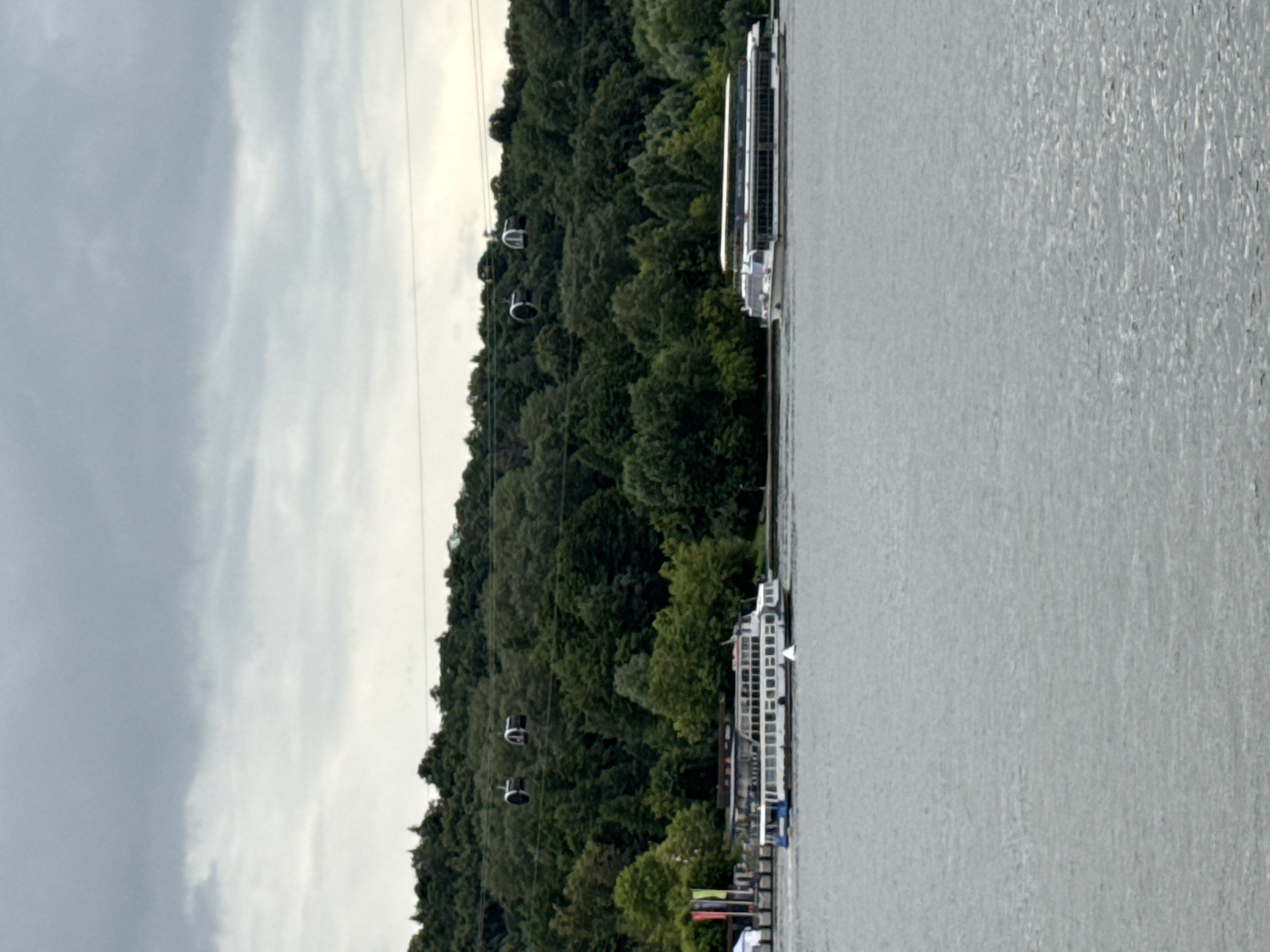 The image captures a scenic view of the Moscow River with two passenger boats navigating the water. In the background, a lush, green hillside is densely populated with trees, suggesting a park or natural area within the city. Two cable cars are suspended in the air above the trees, indicating a transportation system or tourist attraction. The sky is overcast with a layer of gray clouds. The water is calm and reflects the muted light of the cloudy day.