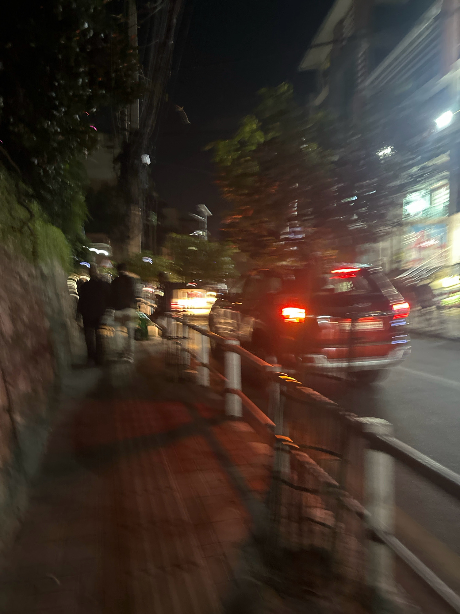 This is a blurry, motion-blurred nighttime photograph taken in Kathmandu Metropolitan City, Nepal. The scene depicts a street with a sidewalk on the left and a road on the right. A dark-colored SUV with its brake lights illuminated is driving on the road. Several individuals, their features indistinct due to the blur, are walking on the sidewalk. Trees and utility poles with numerous wires are visible along the street. Buildings line the right side of the road, with some illuminated windows. The ground on the sidewalk appears to be paved with bricks or tiles, and a railing separates the sidewalk from the road in the foreground. The overall impression is of a busy urban environment at night, captured with a deliberate motion blur effect.